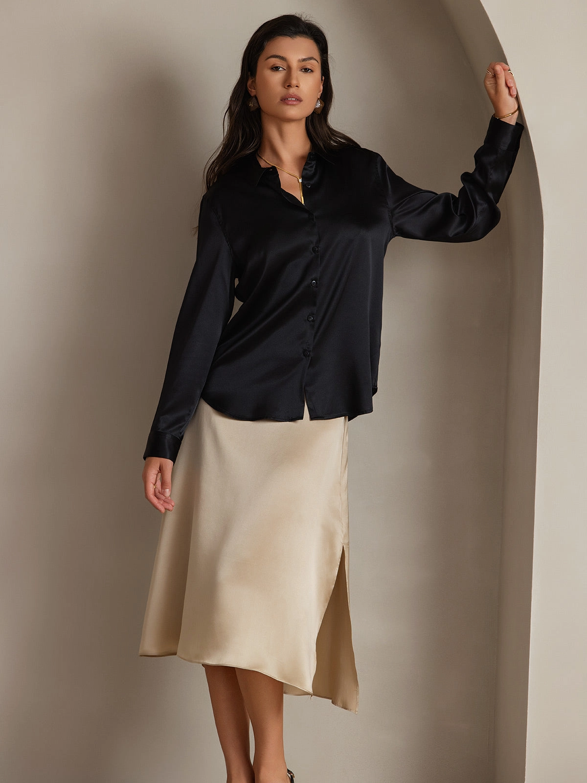 19Momme Silk Basic Military Lapel Shirt