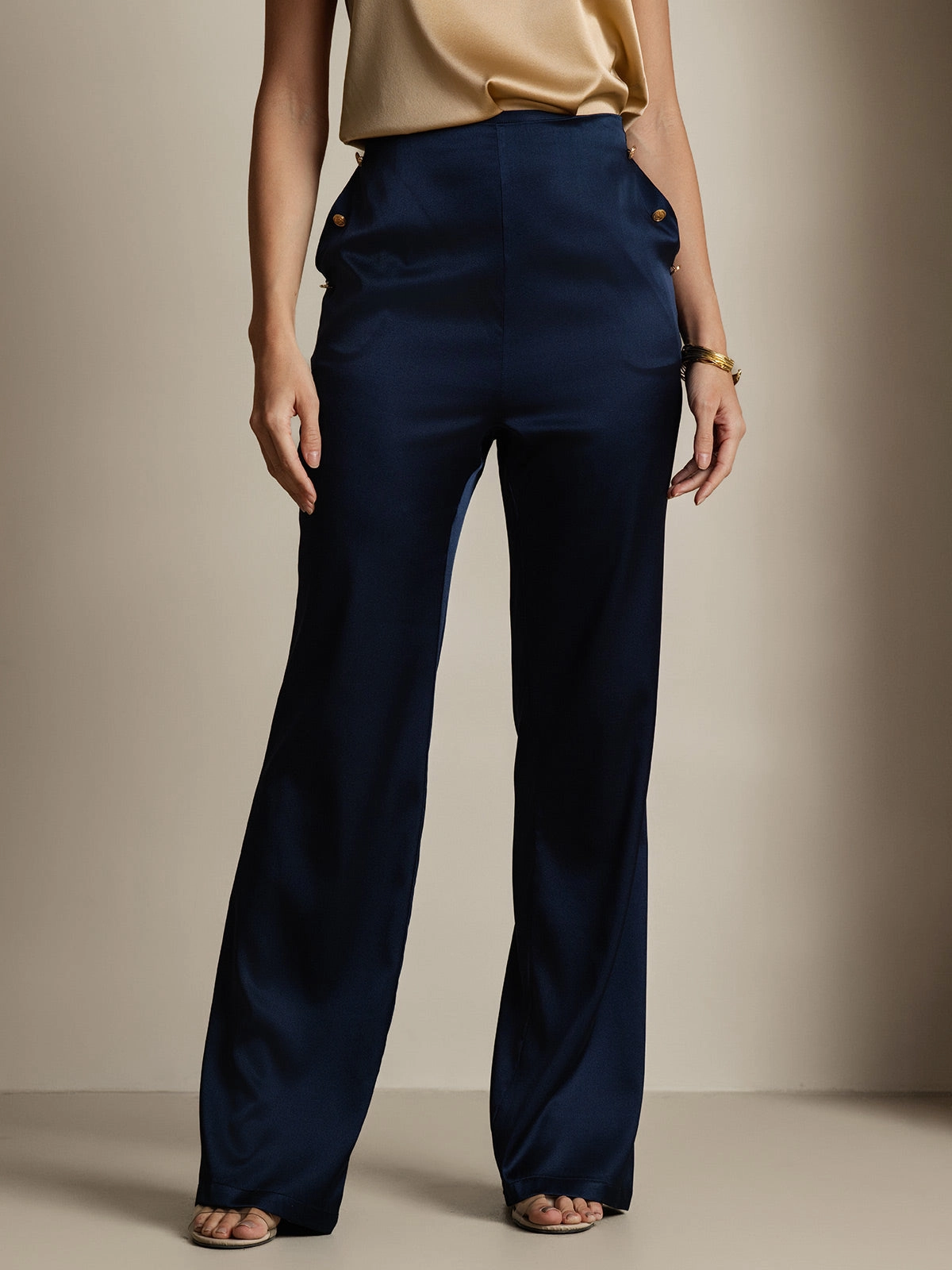 19Momme Silk Fitted Suit Pants with Button Pockets