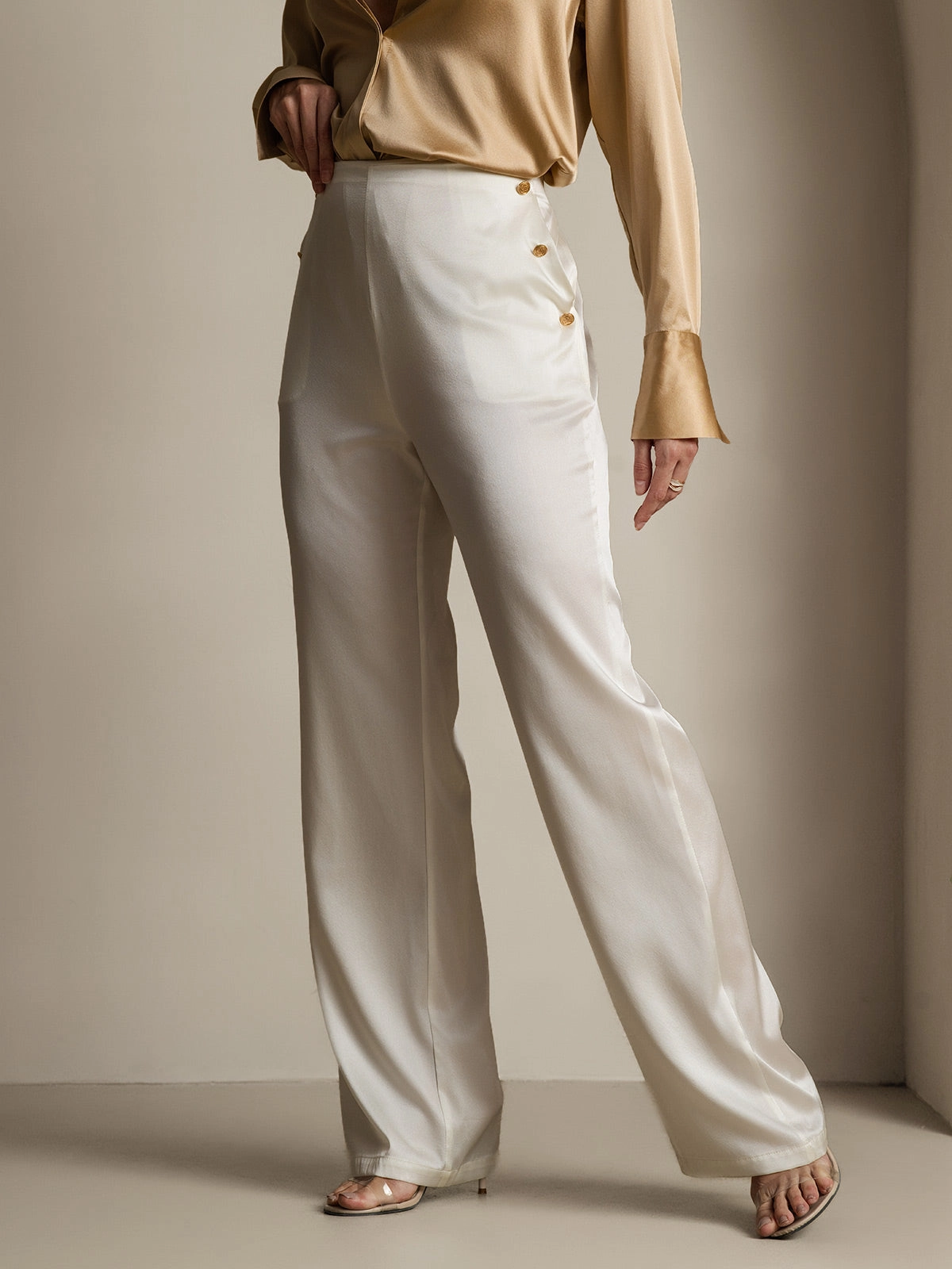 19Momme Silk Fitted Suit Pants with Button Pockets