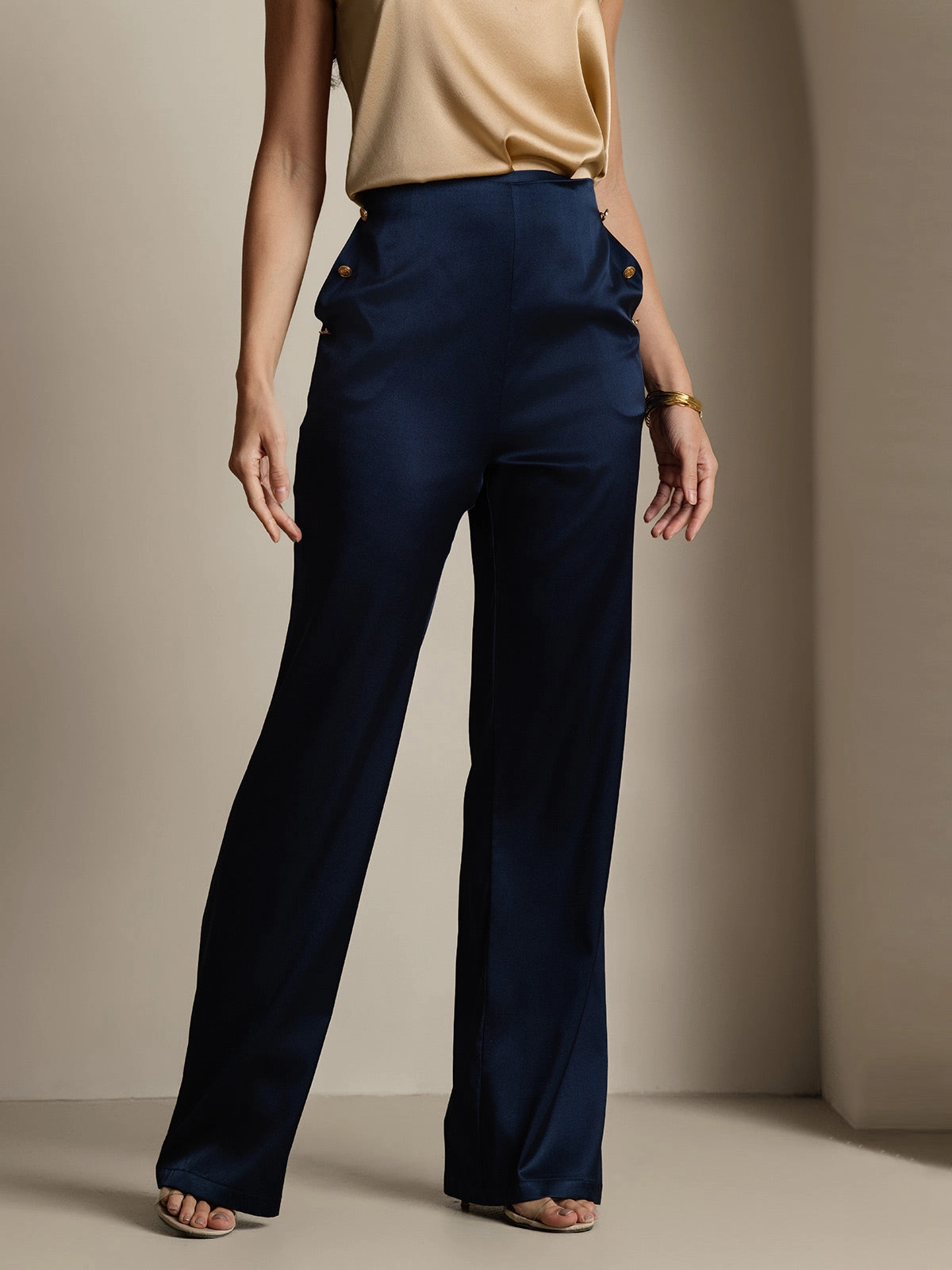 19Momme Silk Fitted Suit Pants with Button Pockets