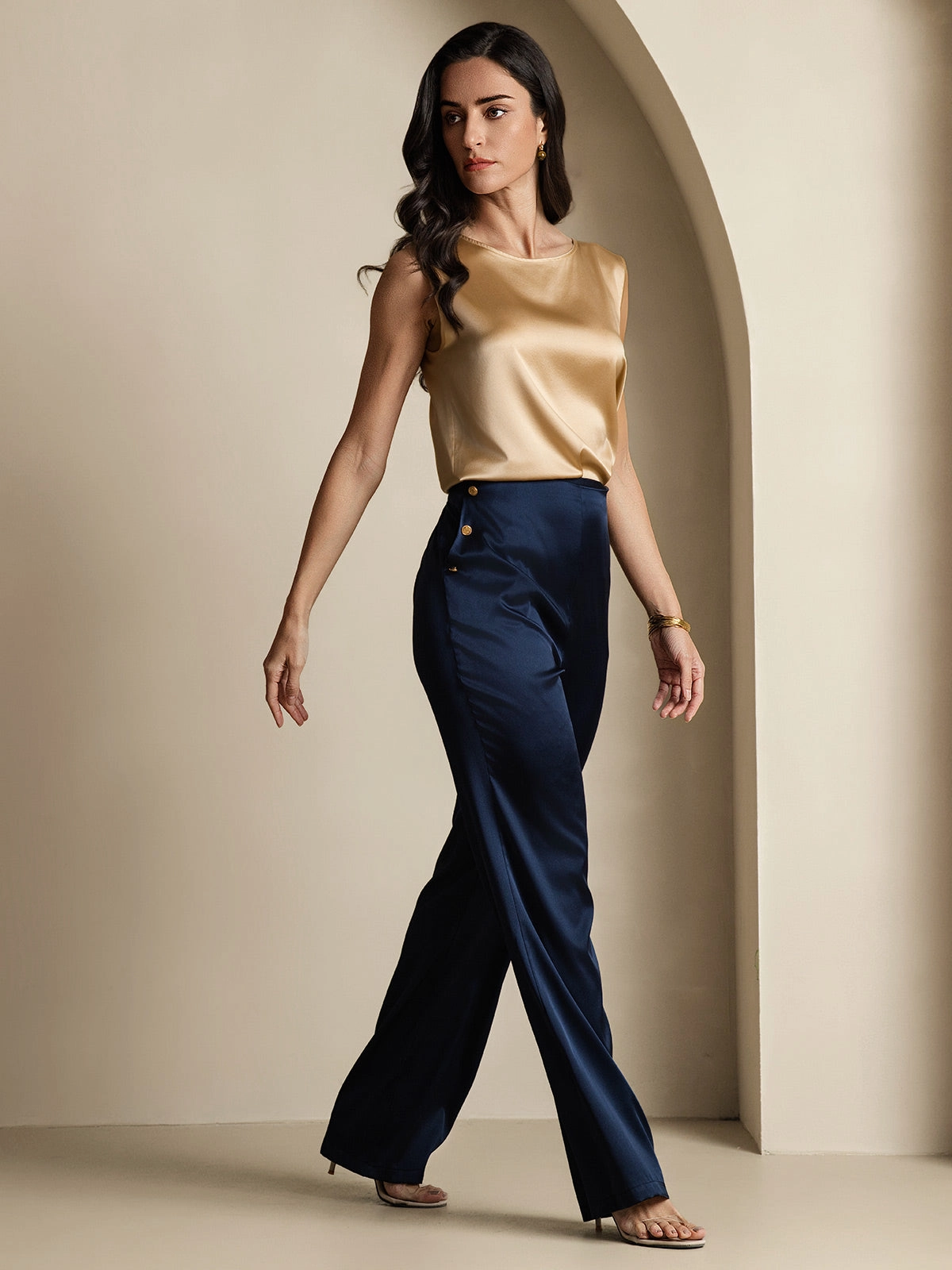 19Momme Silk Fitted Suit Pants with Button Pockets