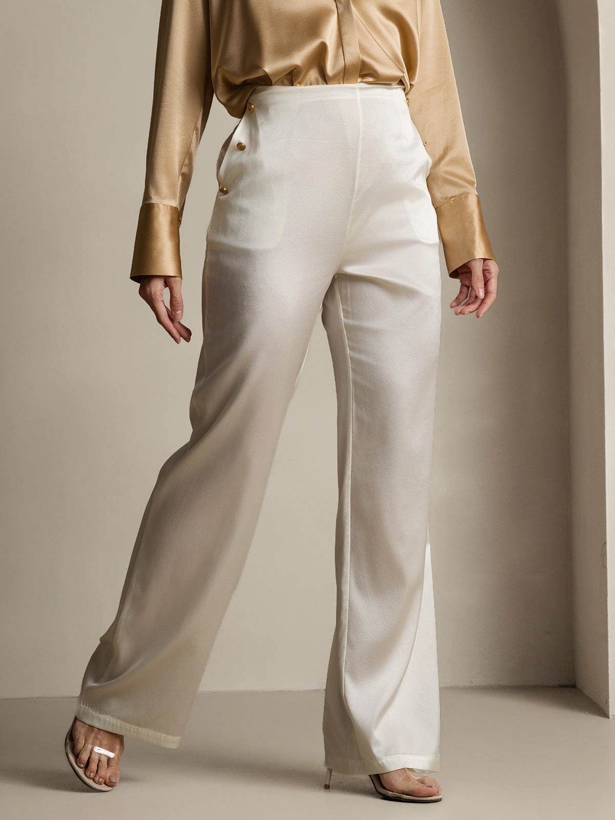 19Momme Silk Fitted Suit Pants with Button Pockets