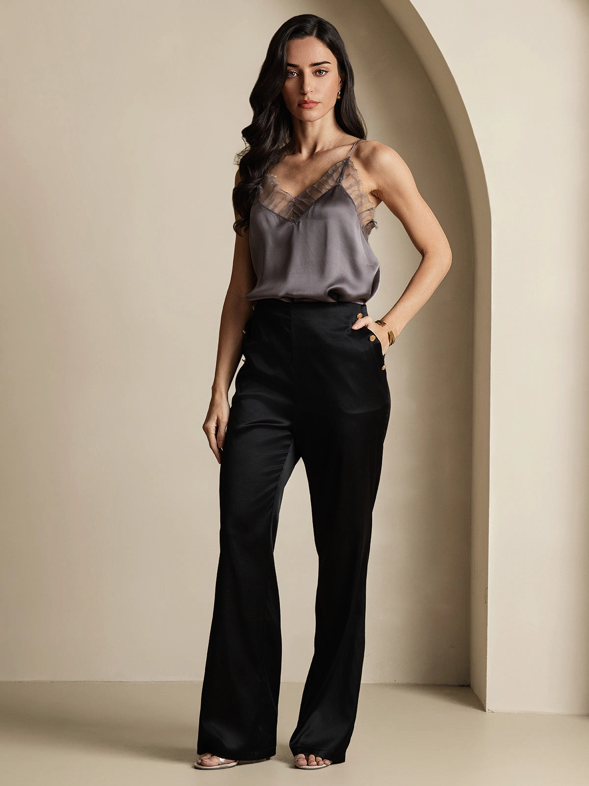 19Momme Silk Fitted Suit Pants with Button Pockets