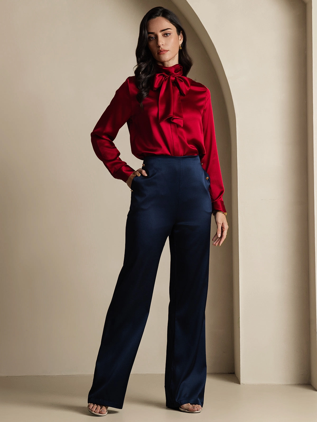 19Momme Silk Fitted Suit Pants with Button Pockets