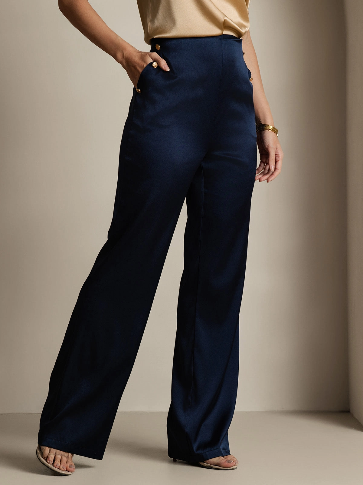 19Momme Silk Fitted Suit Pants with Button Pockets