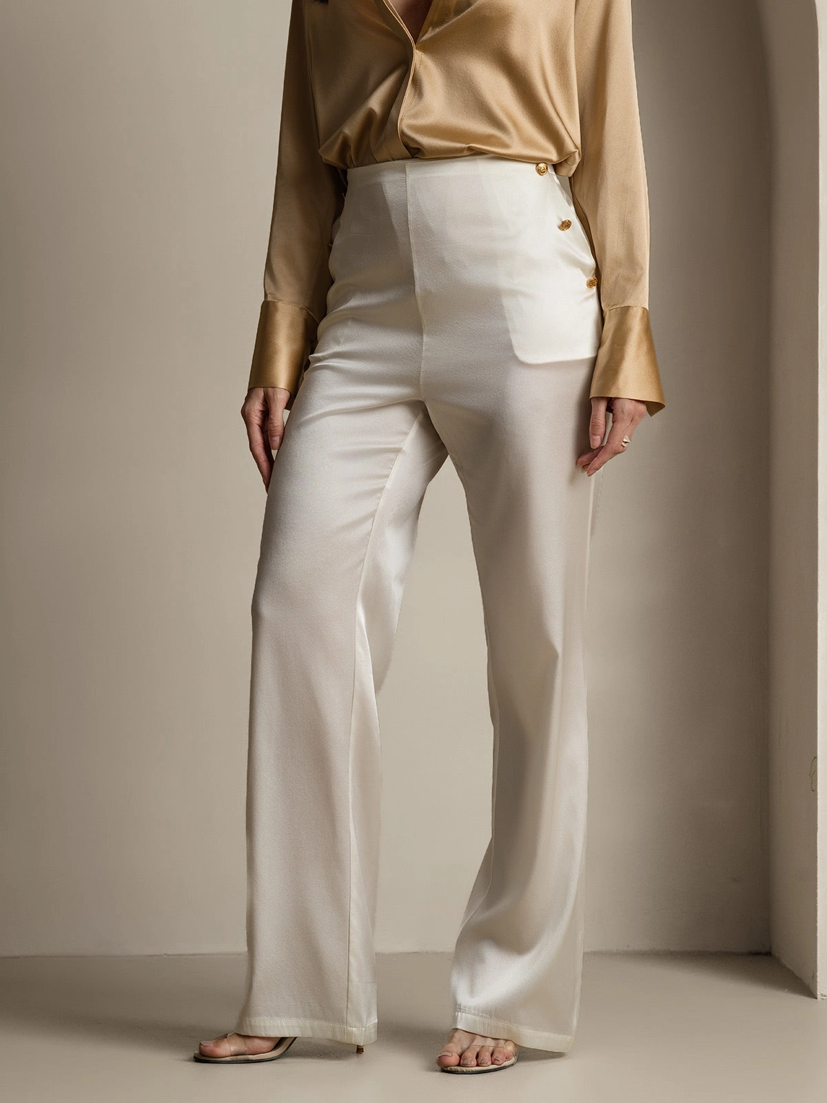 19Momme Silk Fitted Suit Pants with Button Pockets
