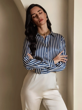 19Momme Silk Stripe Printed Basic Military Lapel Shirt