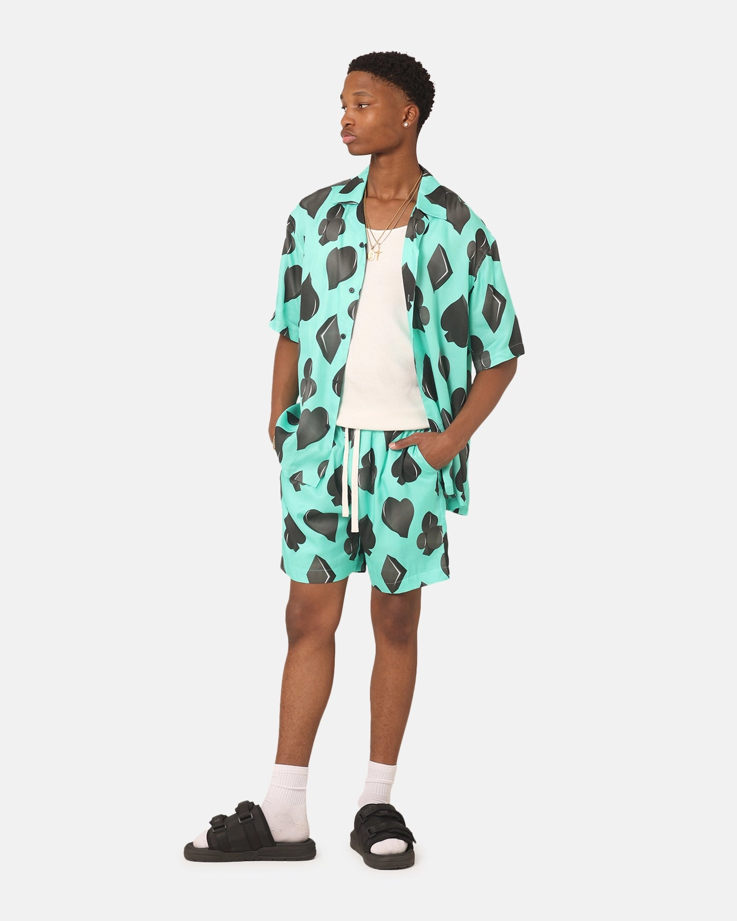99 Cabana Four Suits Short Sleeve Button Up Shirt Teal/Black
