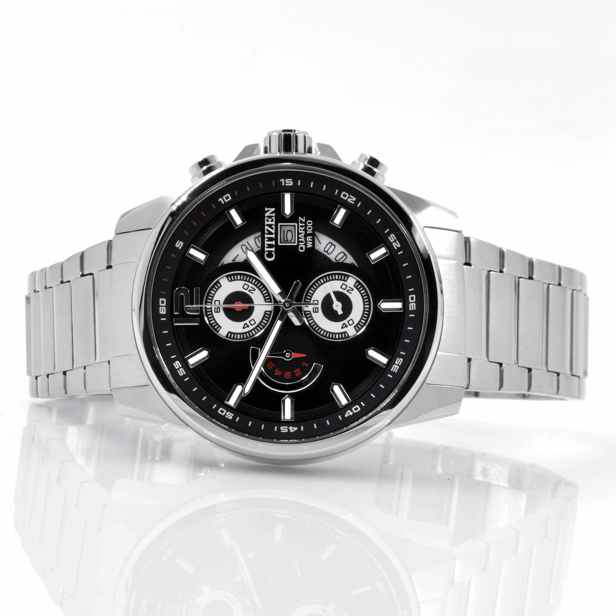 Citizen Men's Watch - Chronograph Black and Silver Dial Steel Bracelet | AN3690-56E