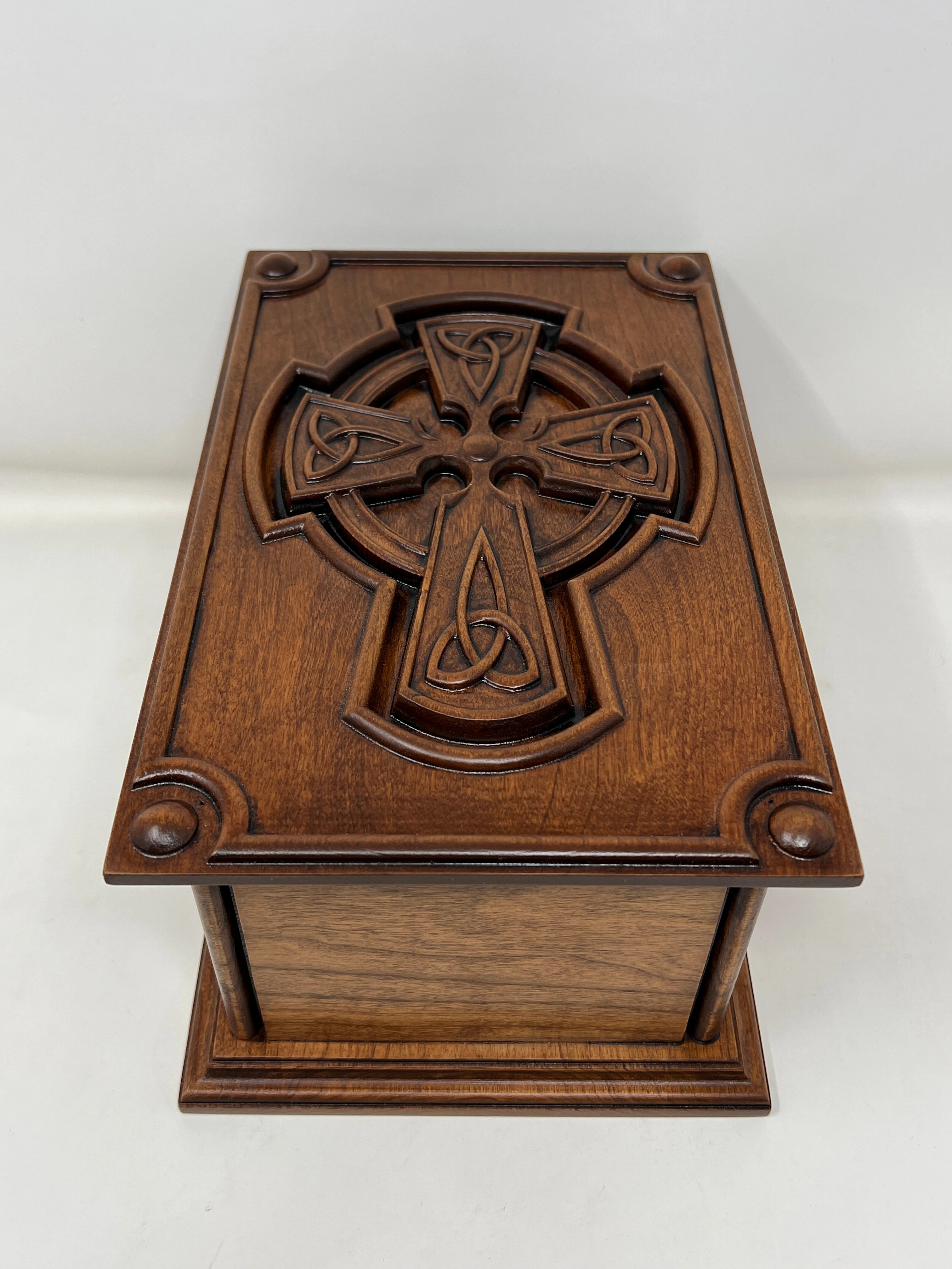 Hand-Carved Cremation Urn with Trinity Knot Celtic Cross