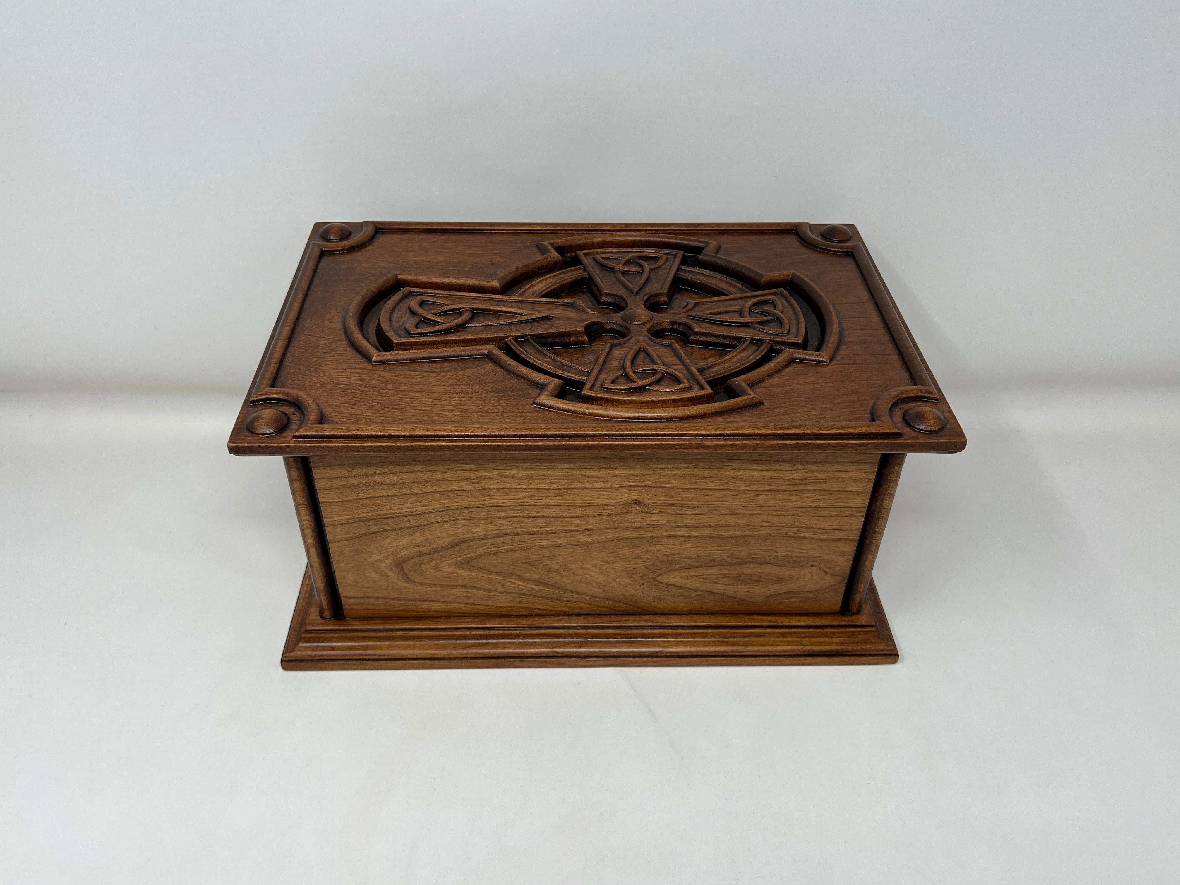Hand-Carved Cremation Urn with Trinity Knot Celtic Cross