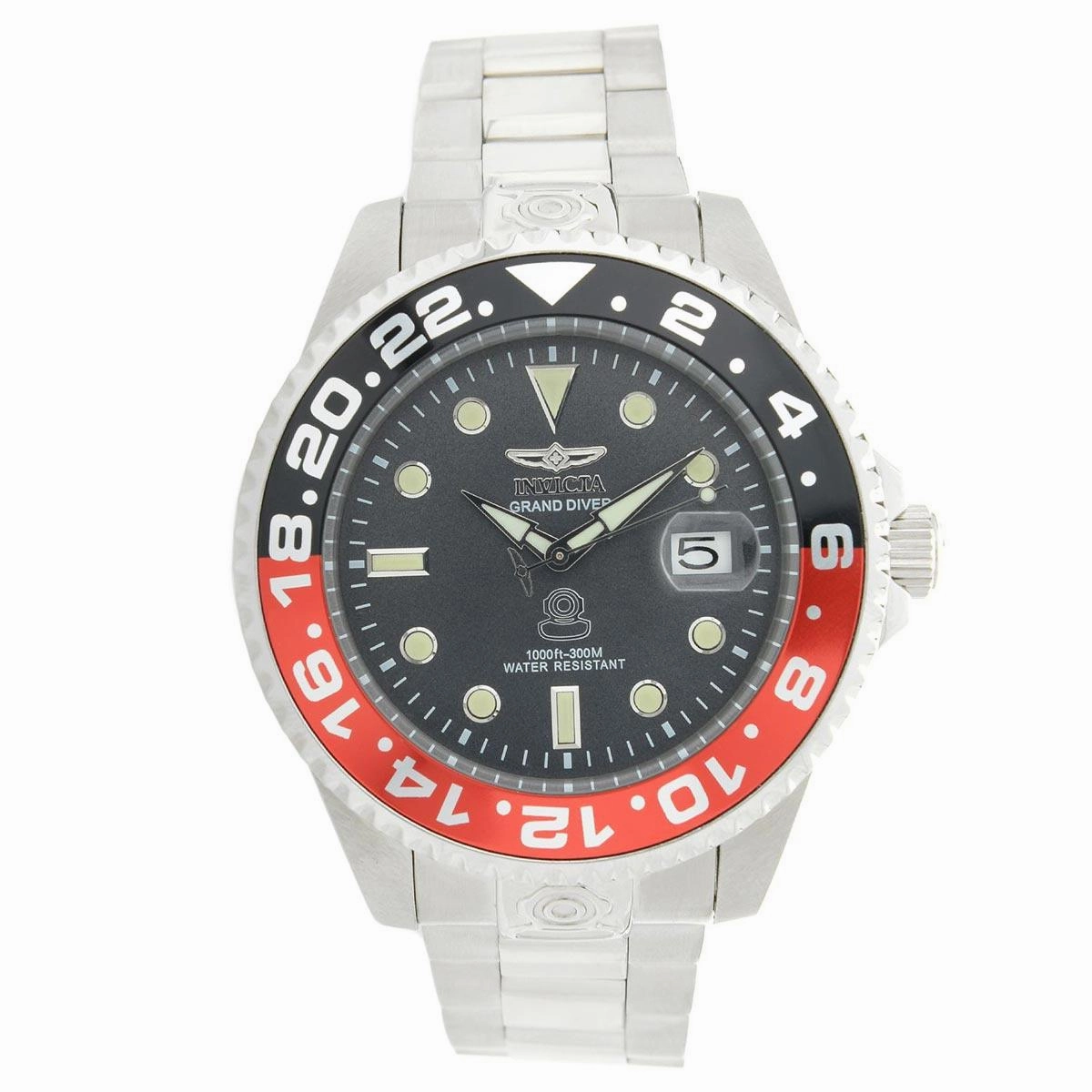 Invicta 21867 Men's Grand Diver Black & Red Accented Bezel Steel Bracelet Automatic Dive Watch