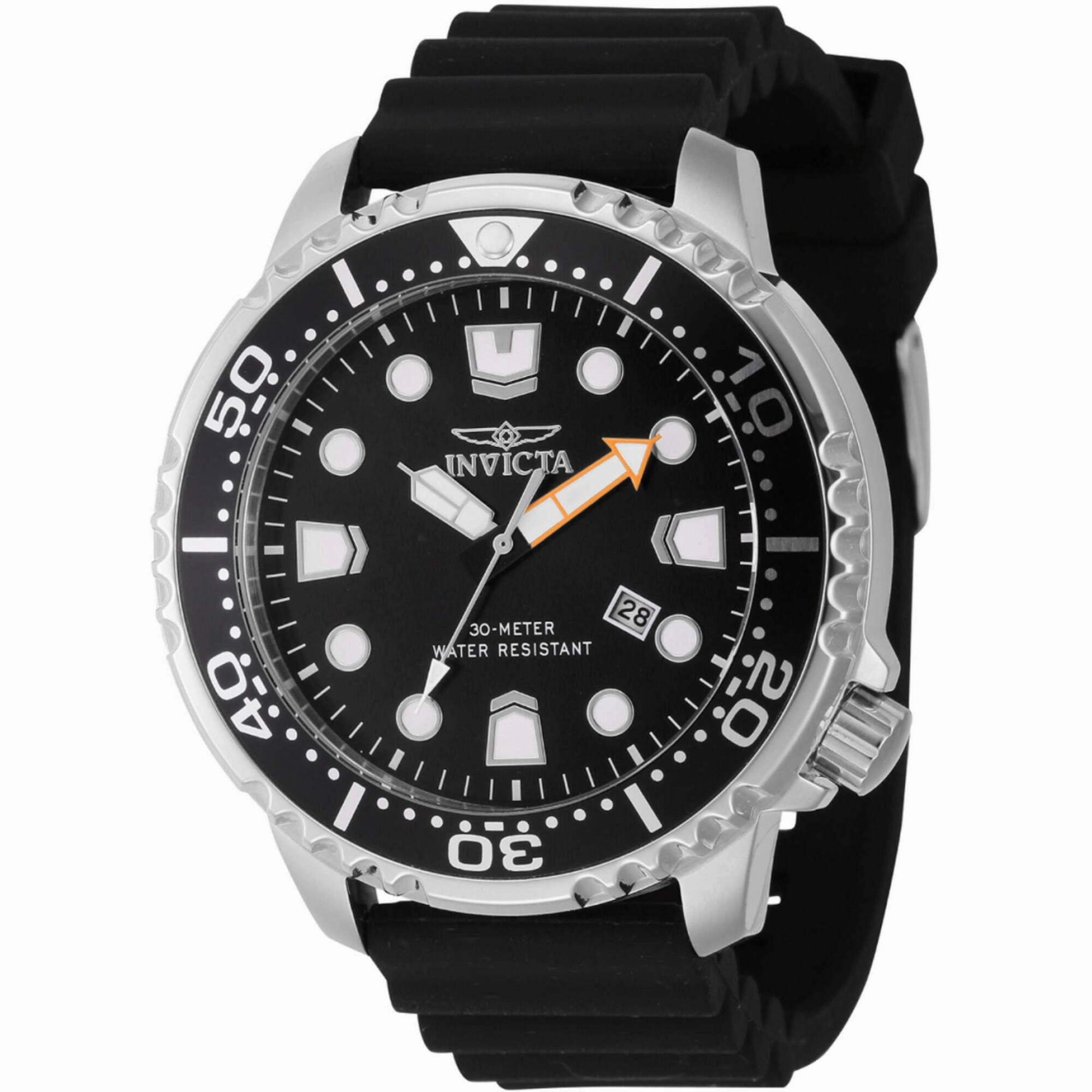 Invicta Men's Watch - Pro Diver Silver Tone Case Black Dial Silicone Strap | 44832