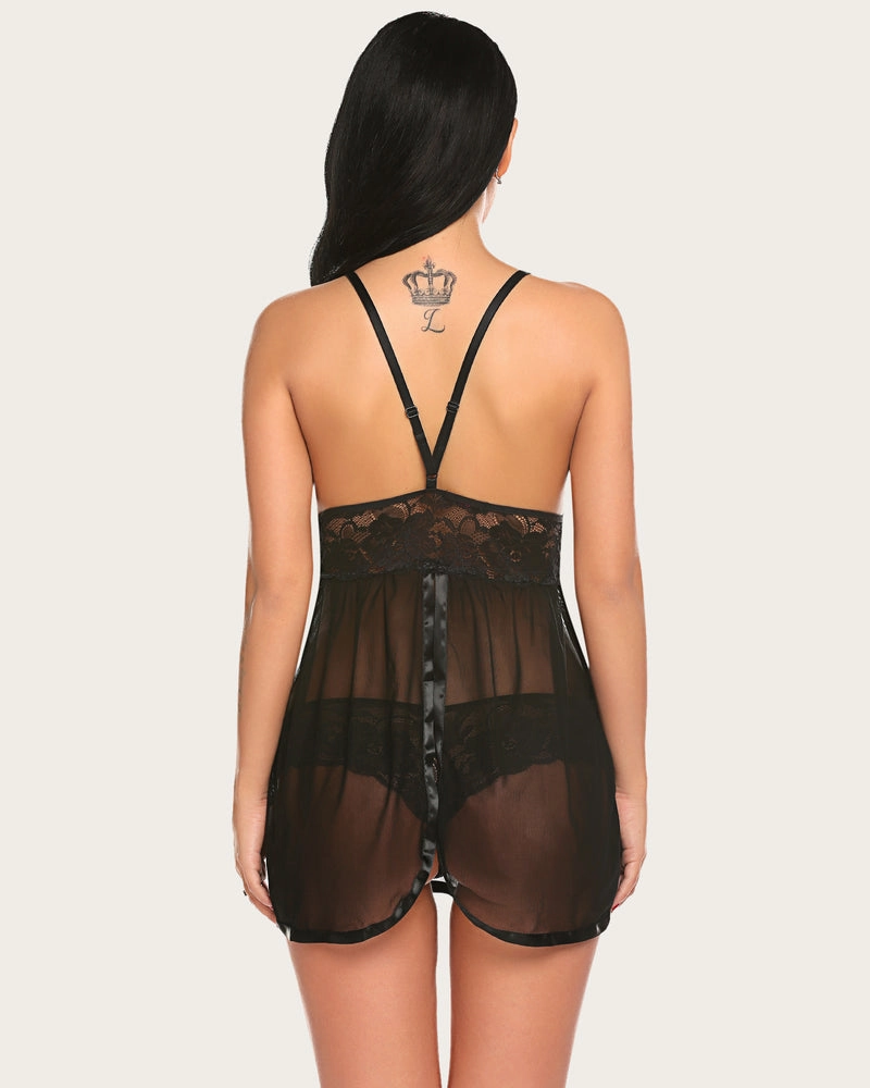 Lace Strap V Neck Mesh Nightgown