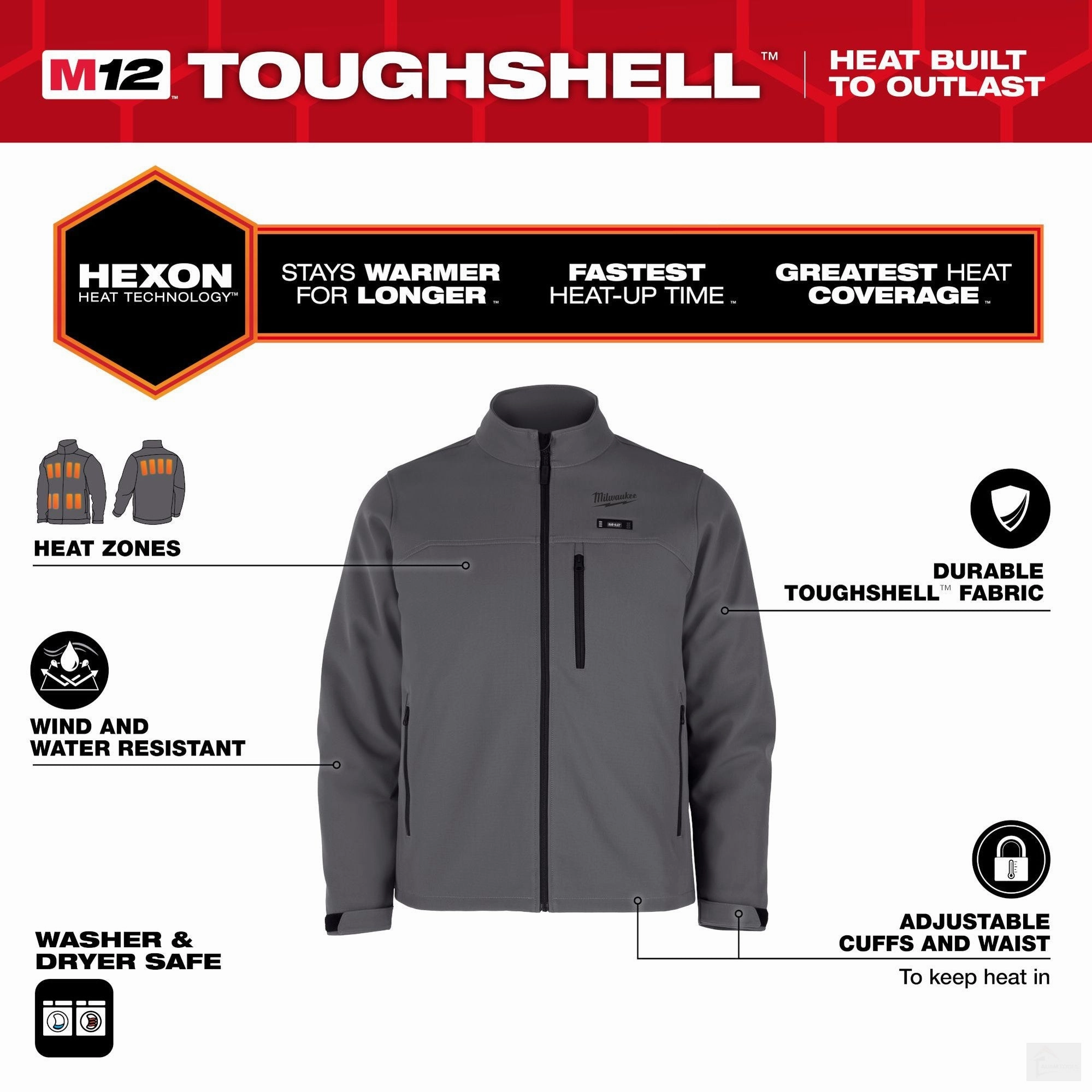 Milwaukee Men's M12 12V Lithium-Ion Cordless TOUGHSHELL Gray Heated Jacket with 3.0 Ah Battery and Charger (M100G-21)