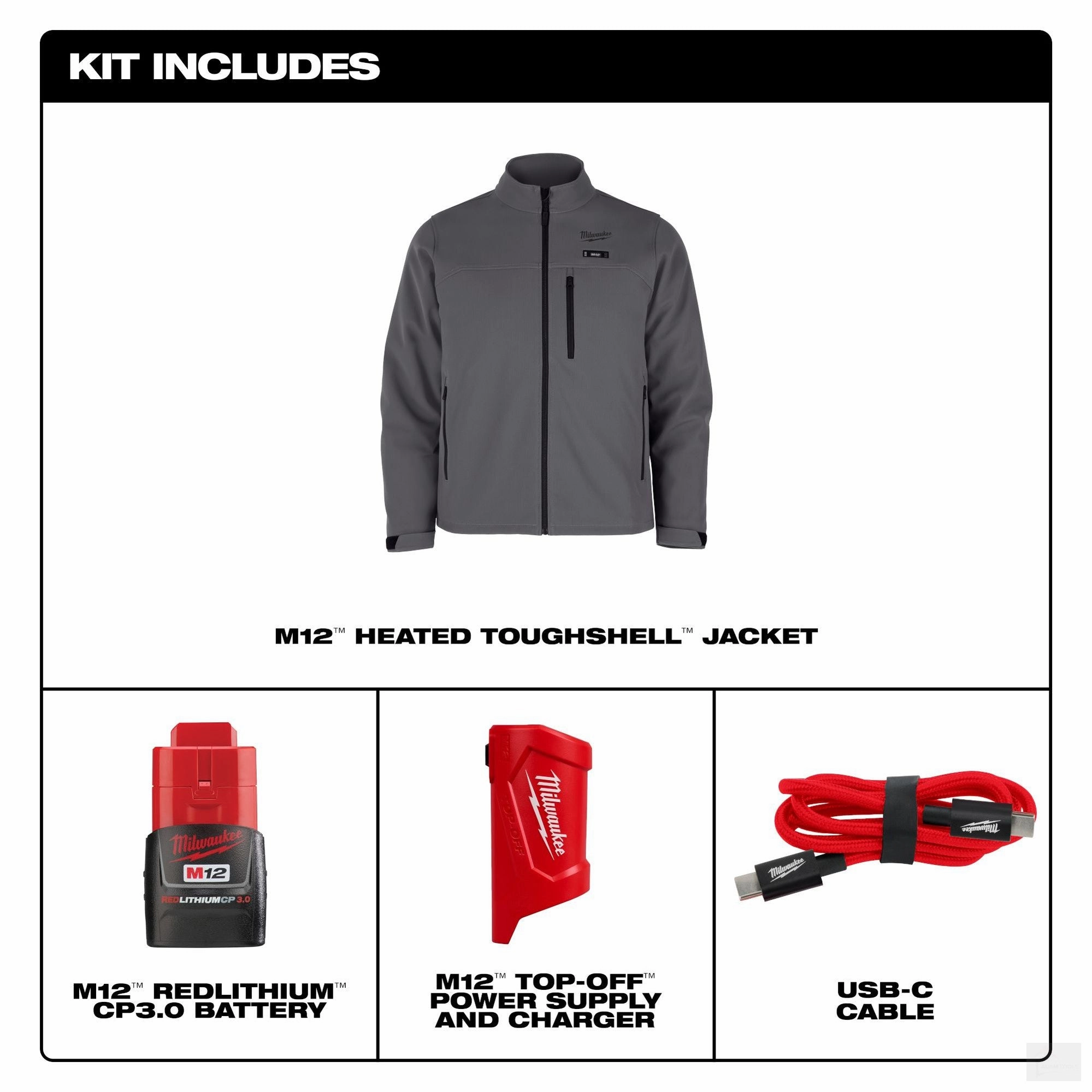 Milwaukee Men's M12 12V Lithium-Ion Cordless TOUGHSHELL Gray Heated Jacket with 3.0 Ah Battery and Charger (M100G-21)