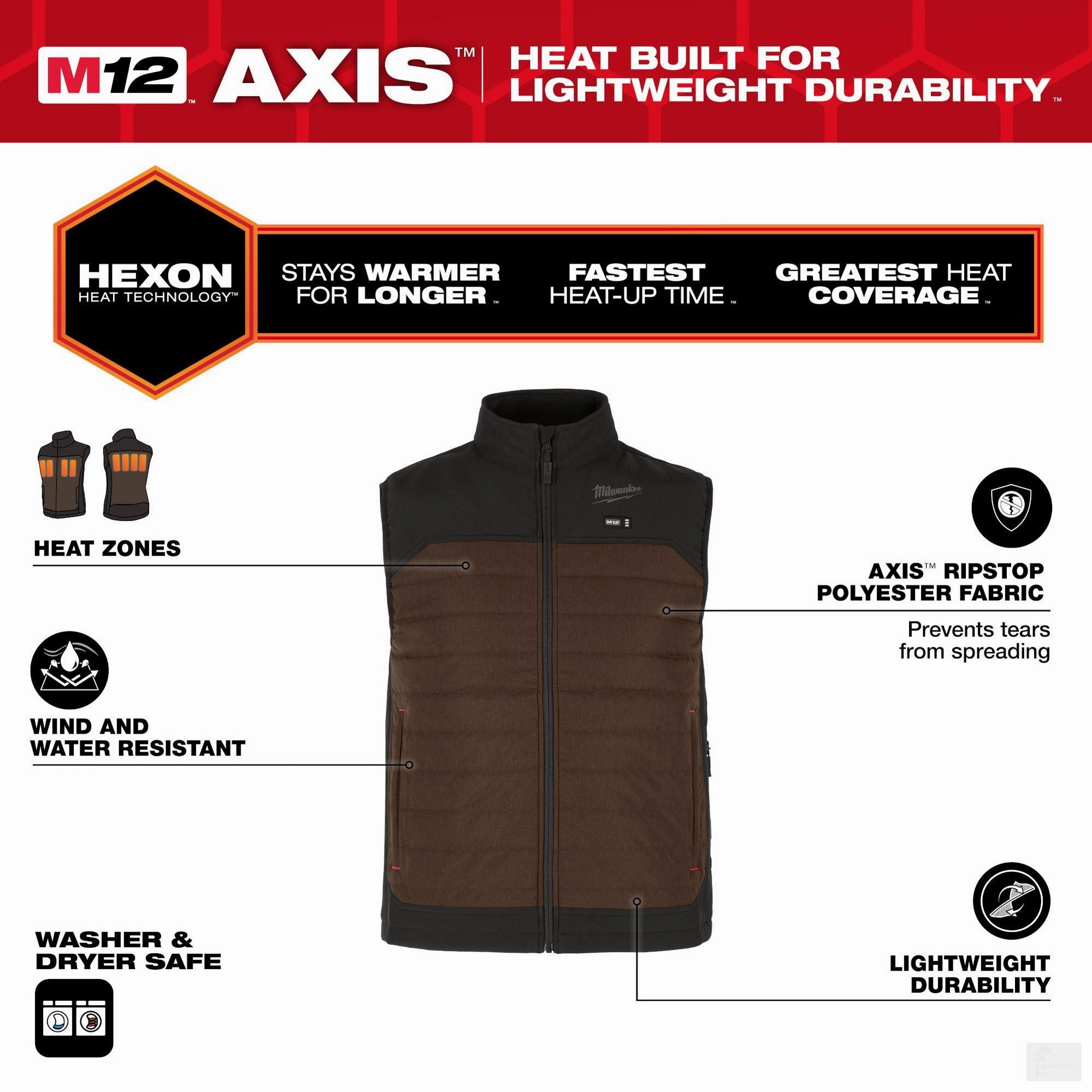 Milwaukee Men's M12 Cordless AXIS Brown Heated Vest Kit with 2.0 Ah Battery and Charger (M300N-21)