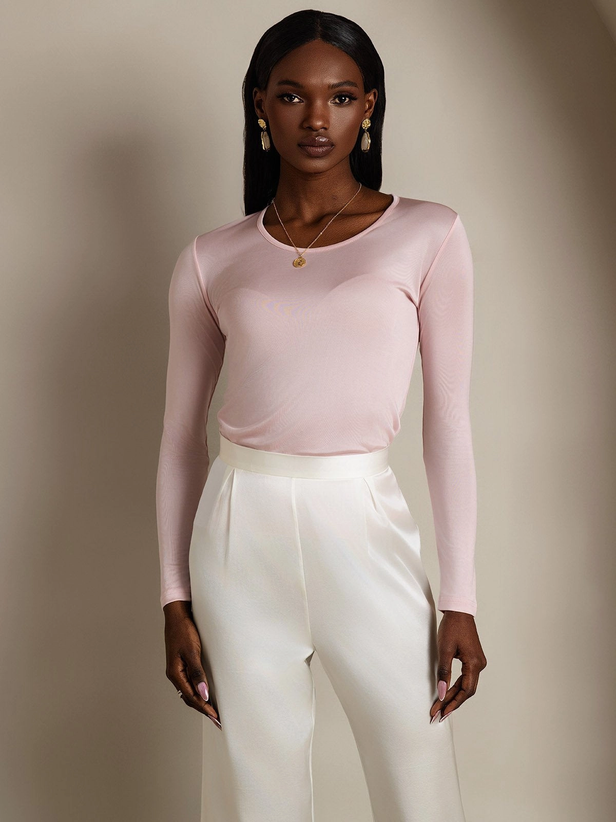 Silk Blend Round Neck Long-Sleeved T-Shirt