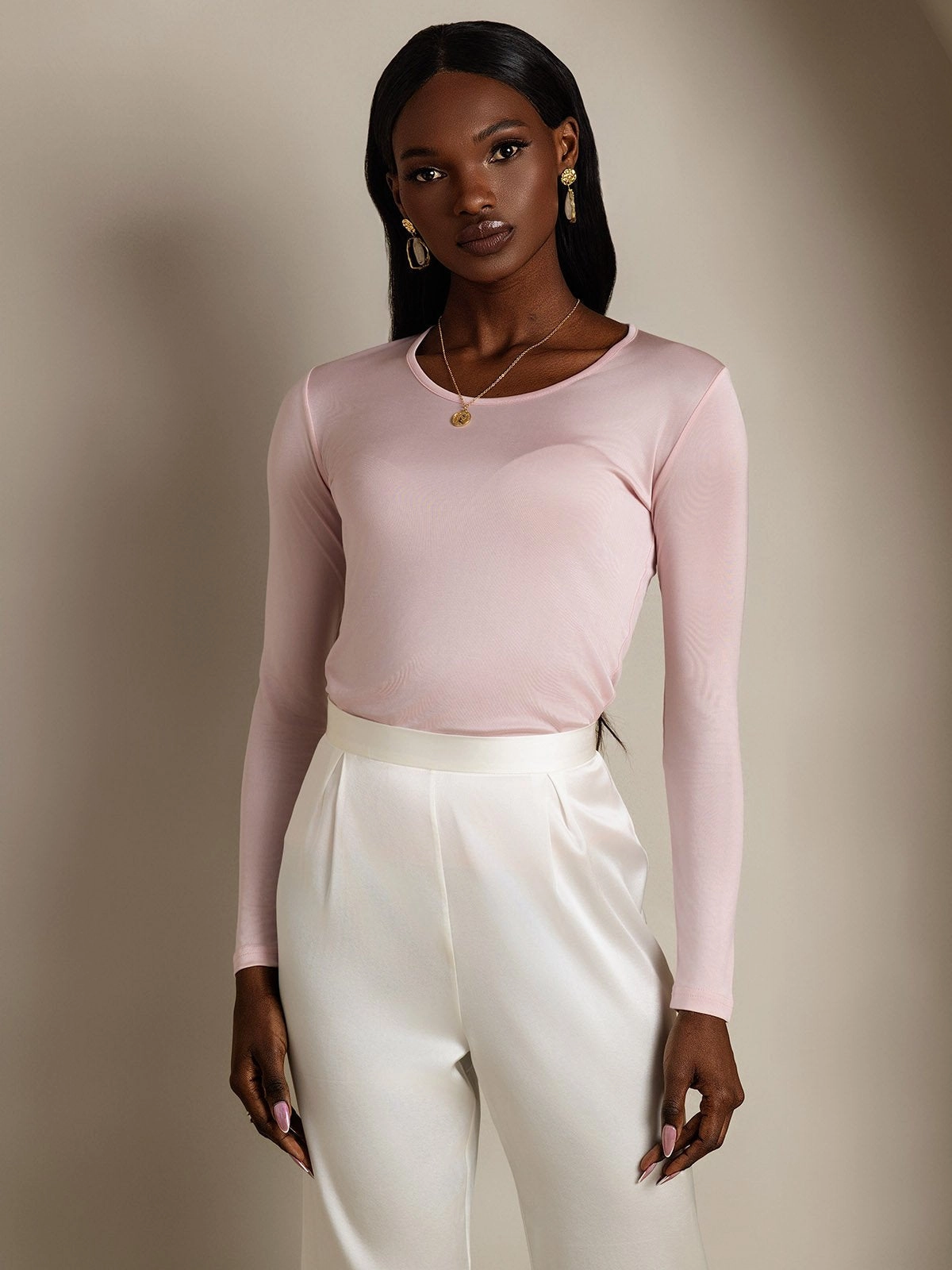 Silk Blend Round Neck Long-Sleeved T-Shirt