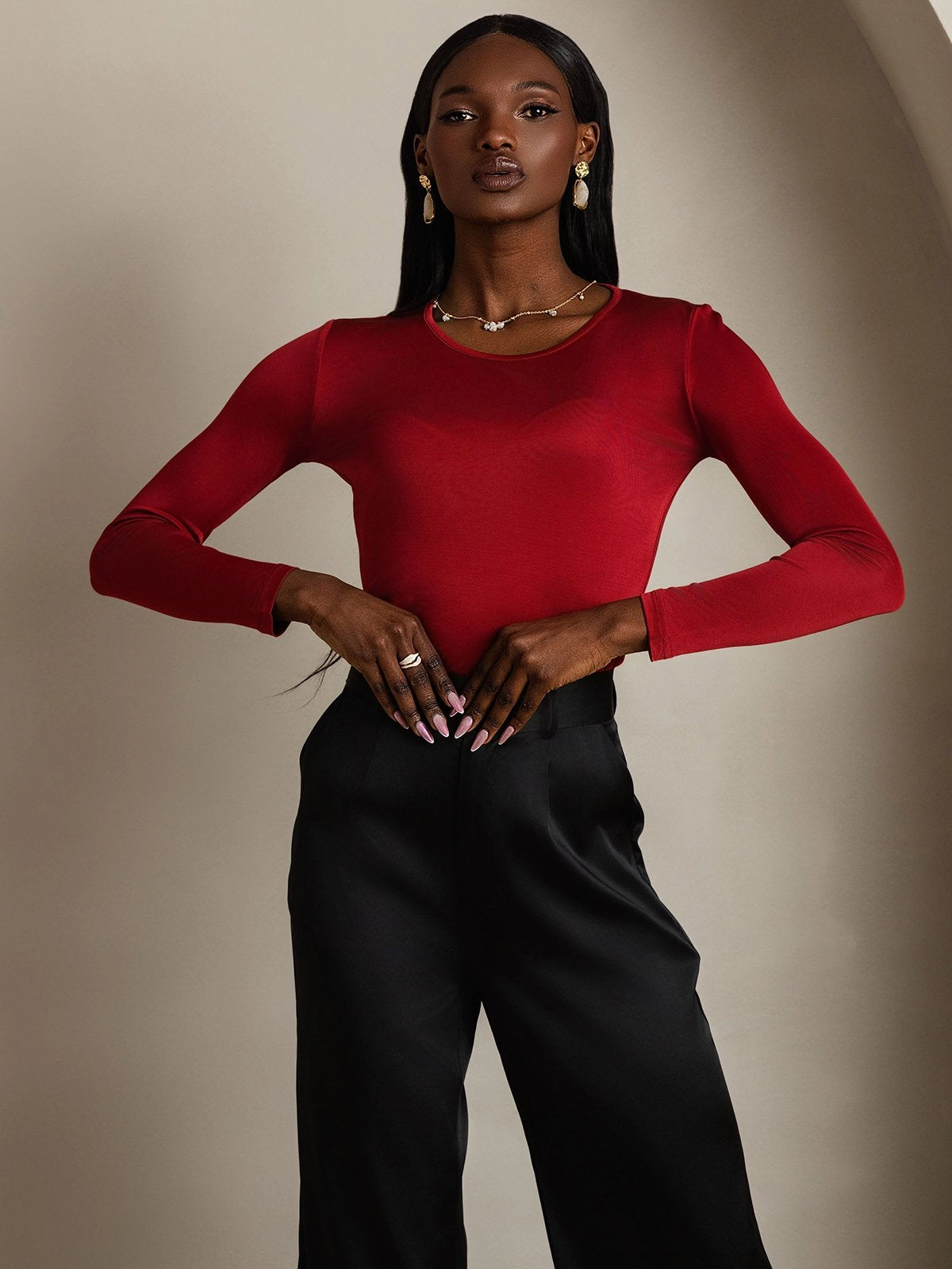Silk Blend Round Neck Long-Sleeved T-Shirt