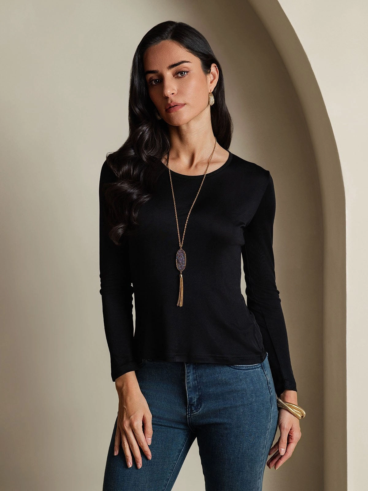 Silk Blend Round Neck Long-Sleeved T-Shirt
