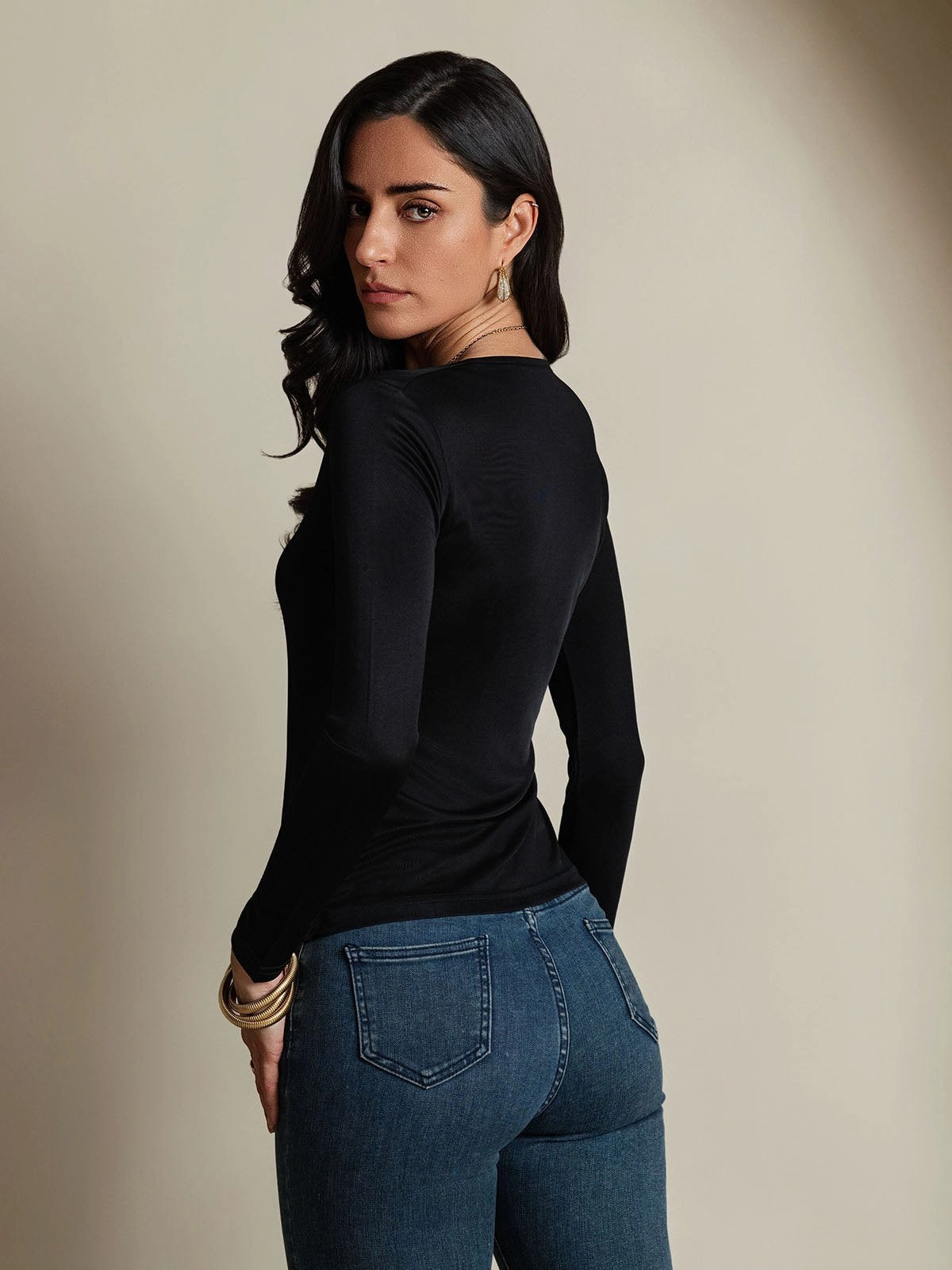 Silk Blend Round Neck Long-Sleeved T-Shirt