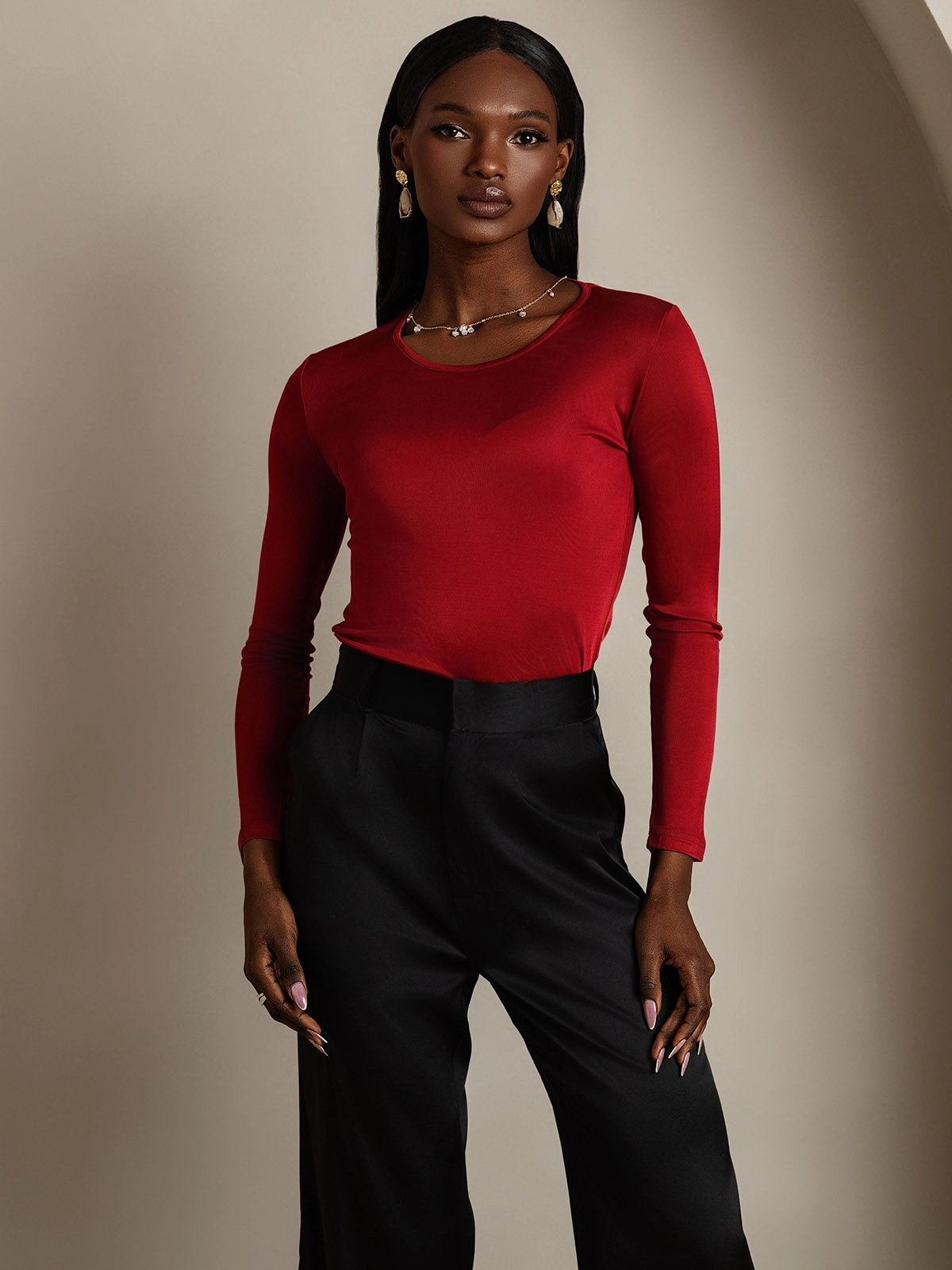 Silk Blend Round Neck Long-Sleeved T-Shirt
