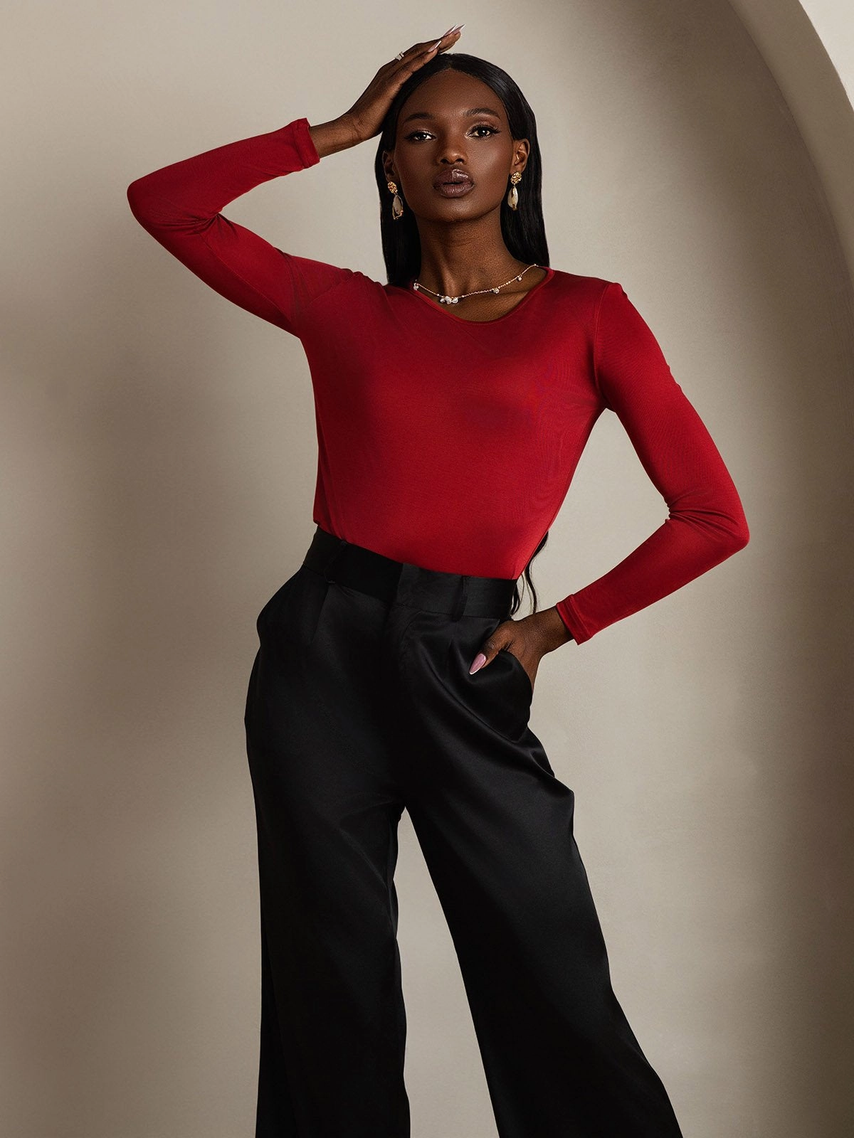 Silk Blend Round Neck Long-Sleeved T-Shirt