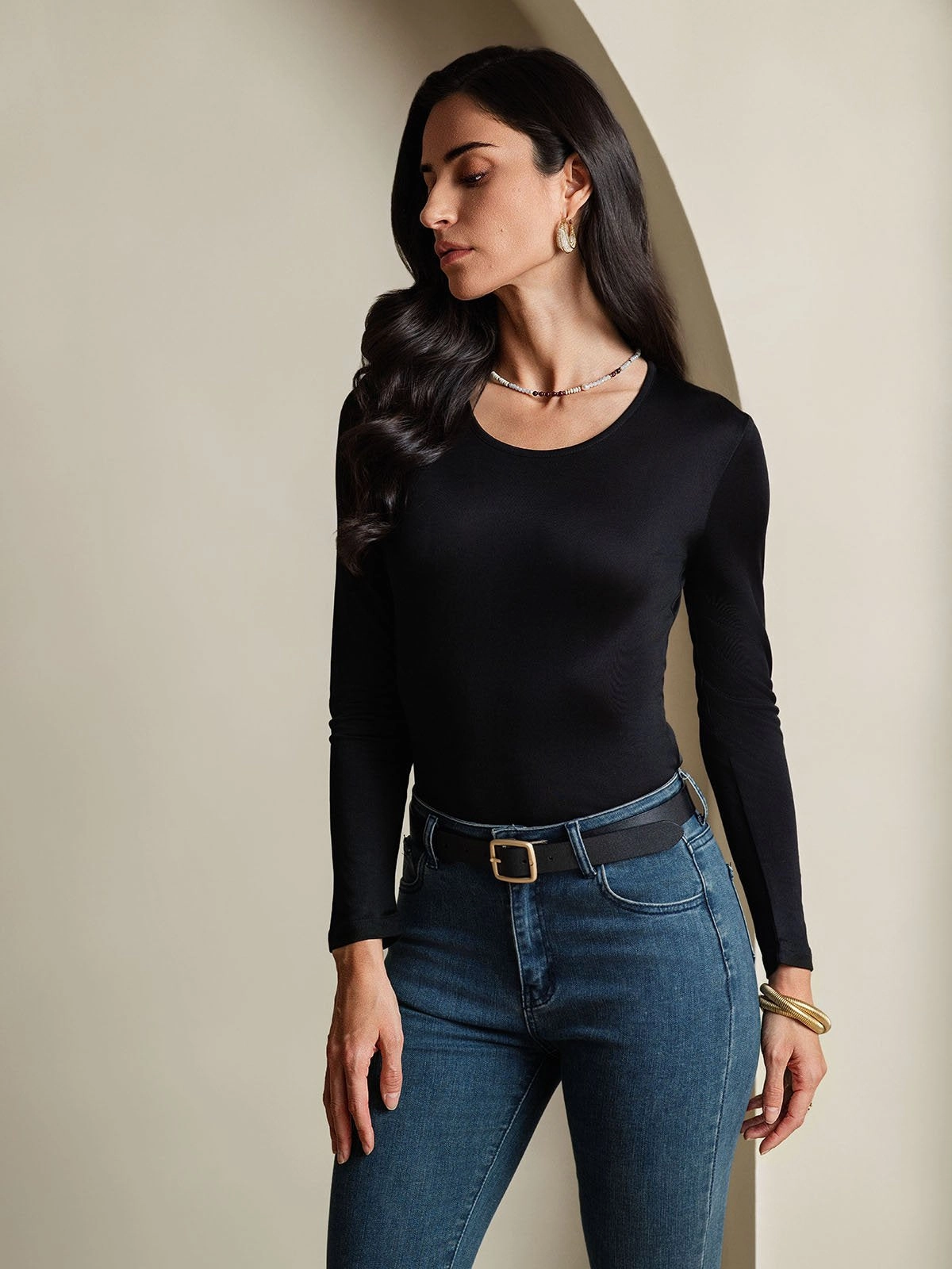 Silk Blend Round Neck Long-Sleeved T-Shirt