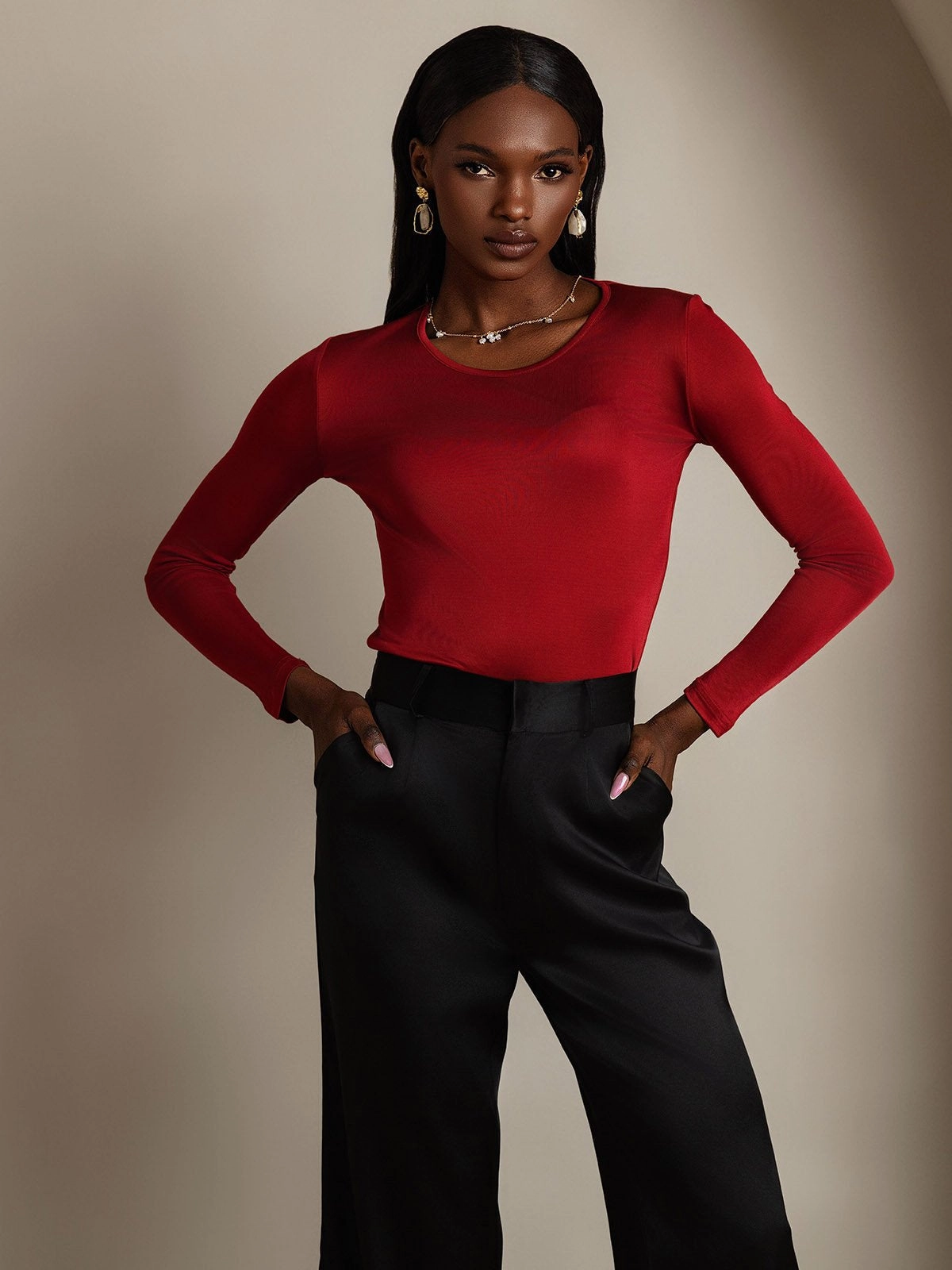 Silk Blend Round Neck Long-Sleeved T-Shirt