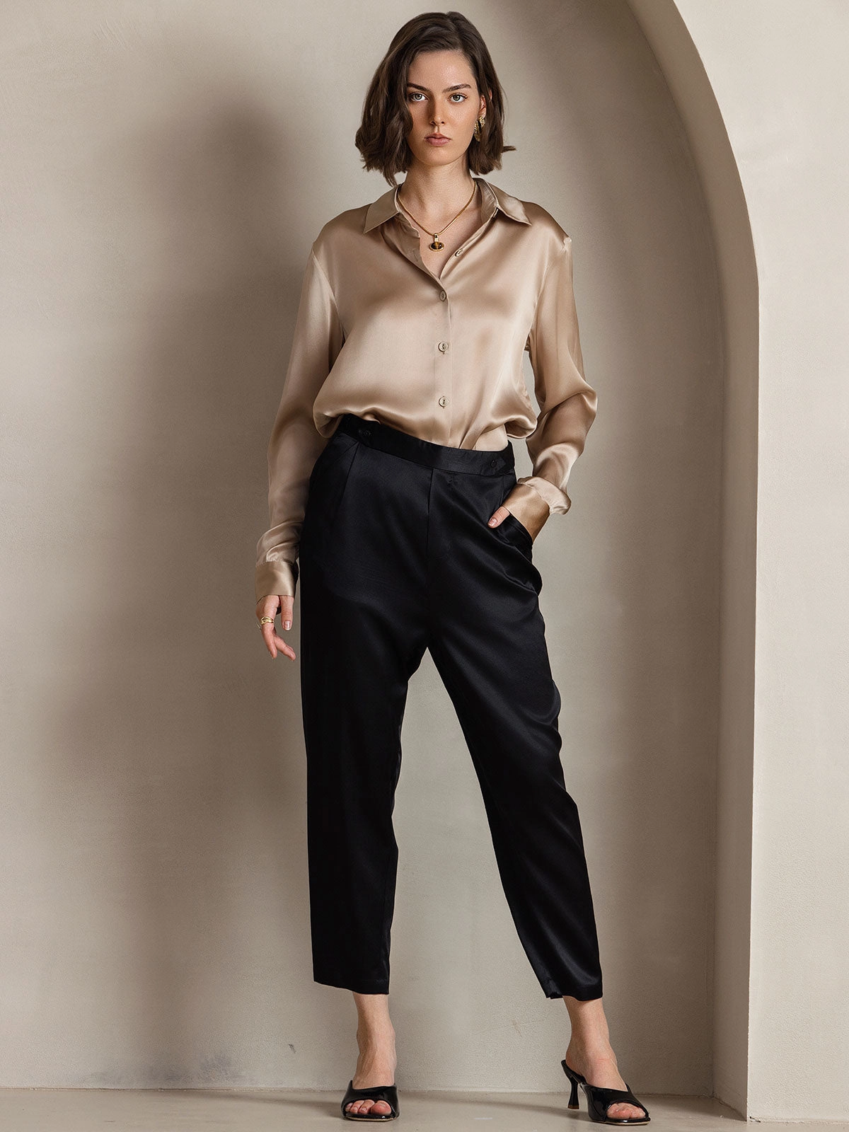 Silk Classic Military-Style Lapel Blouse Shirt