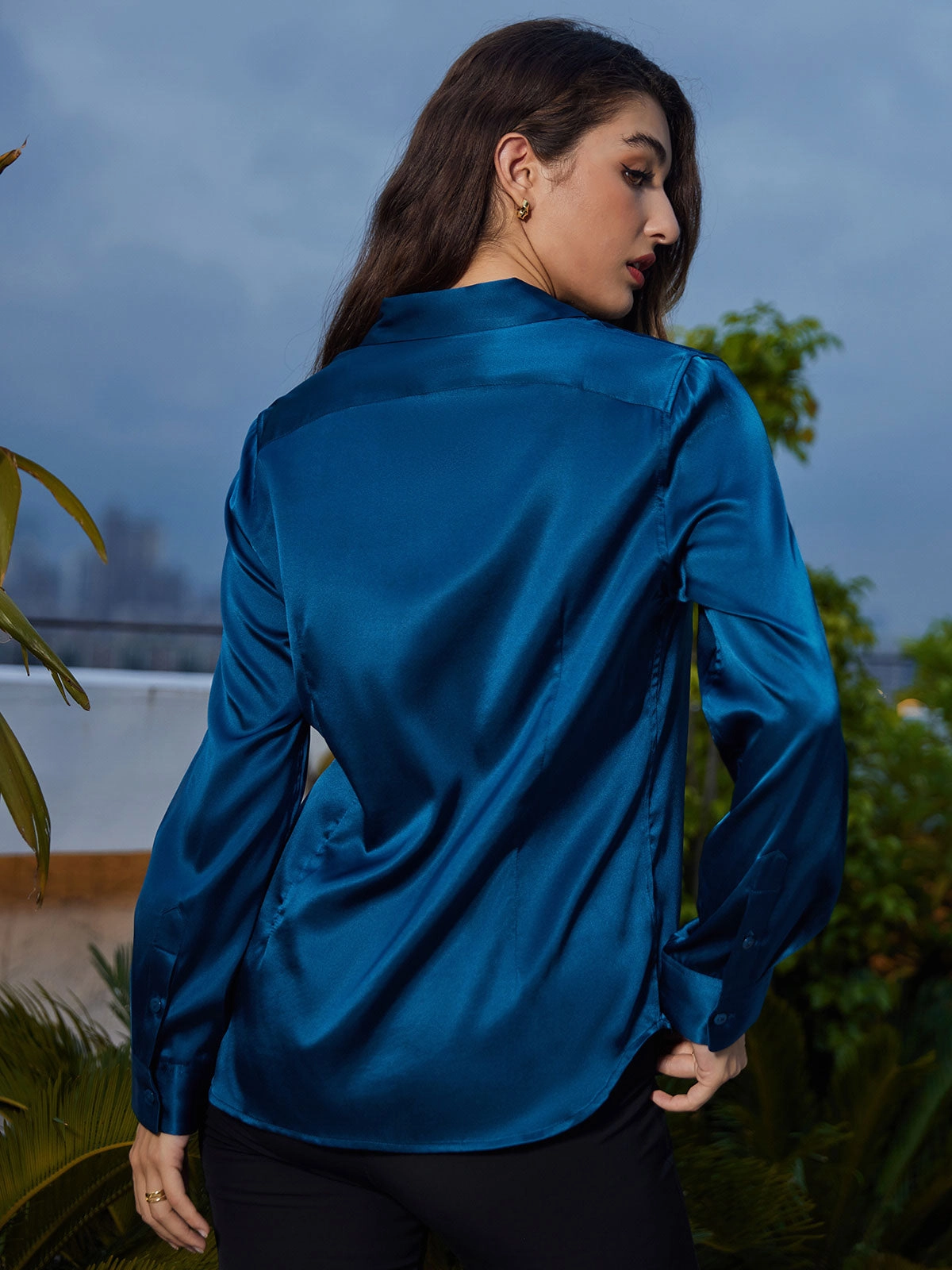 Silk Classic Military-Style Lapel Blouse Shirt