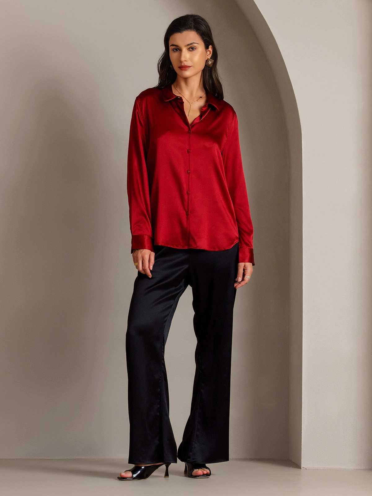 Silk Classic Military-Style Lapel Blouse Shirt