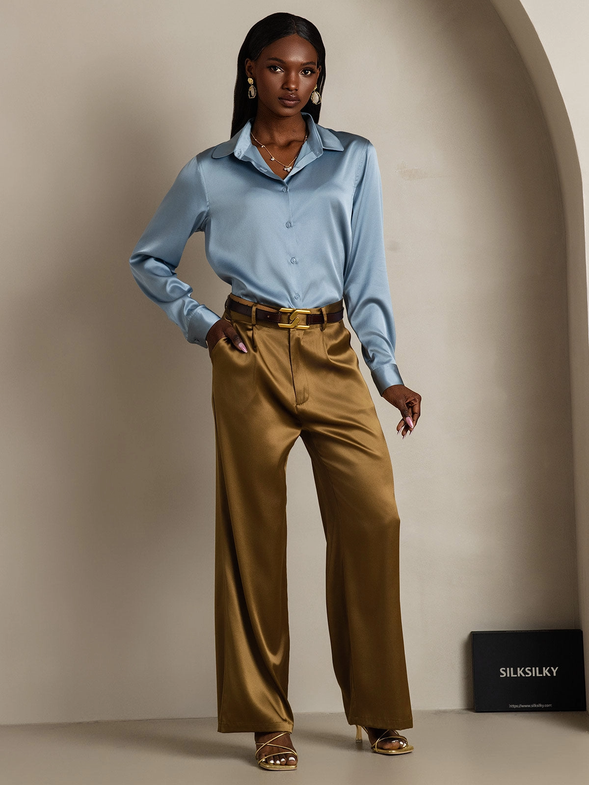 Silk Classic Military-Style Lapel Blouse Shirt
