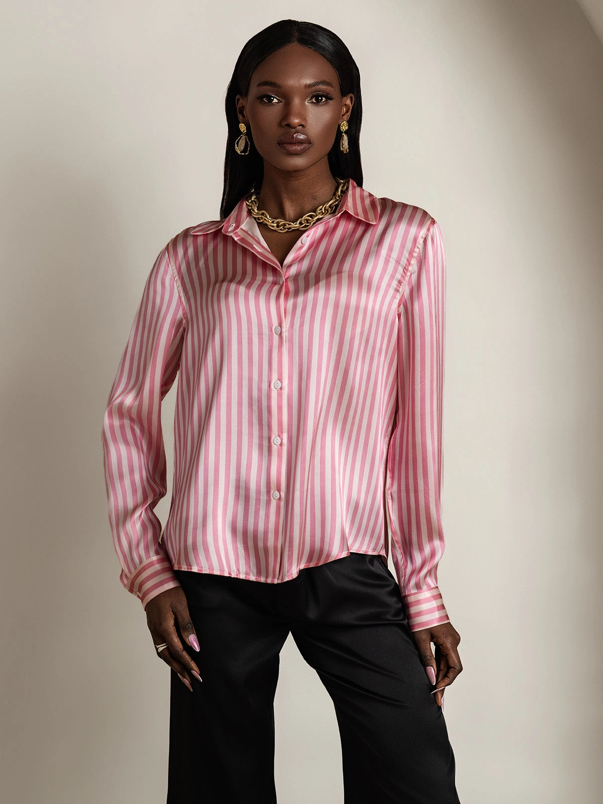 Silk Classic Military-Style Lapel Blouse Shirt