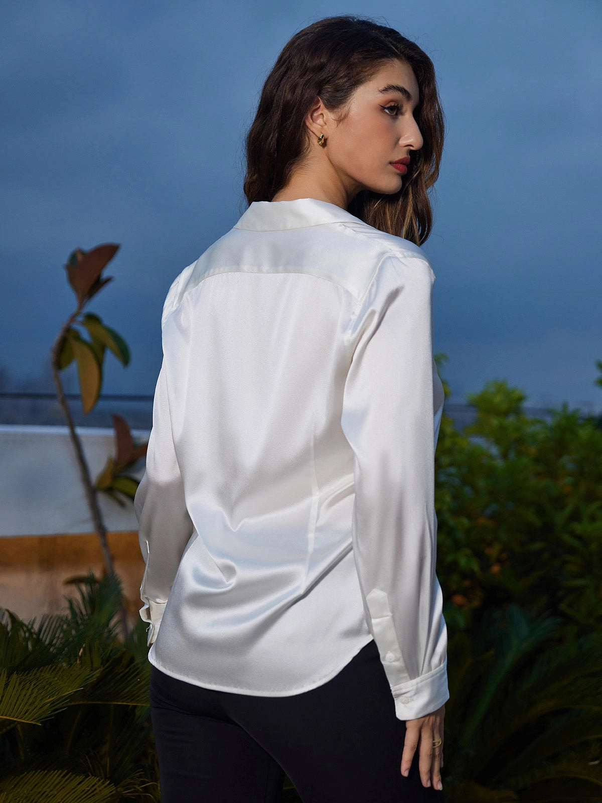 Silk Classic Military-Style Lapel Blouse Shirt