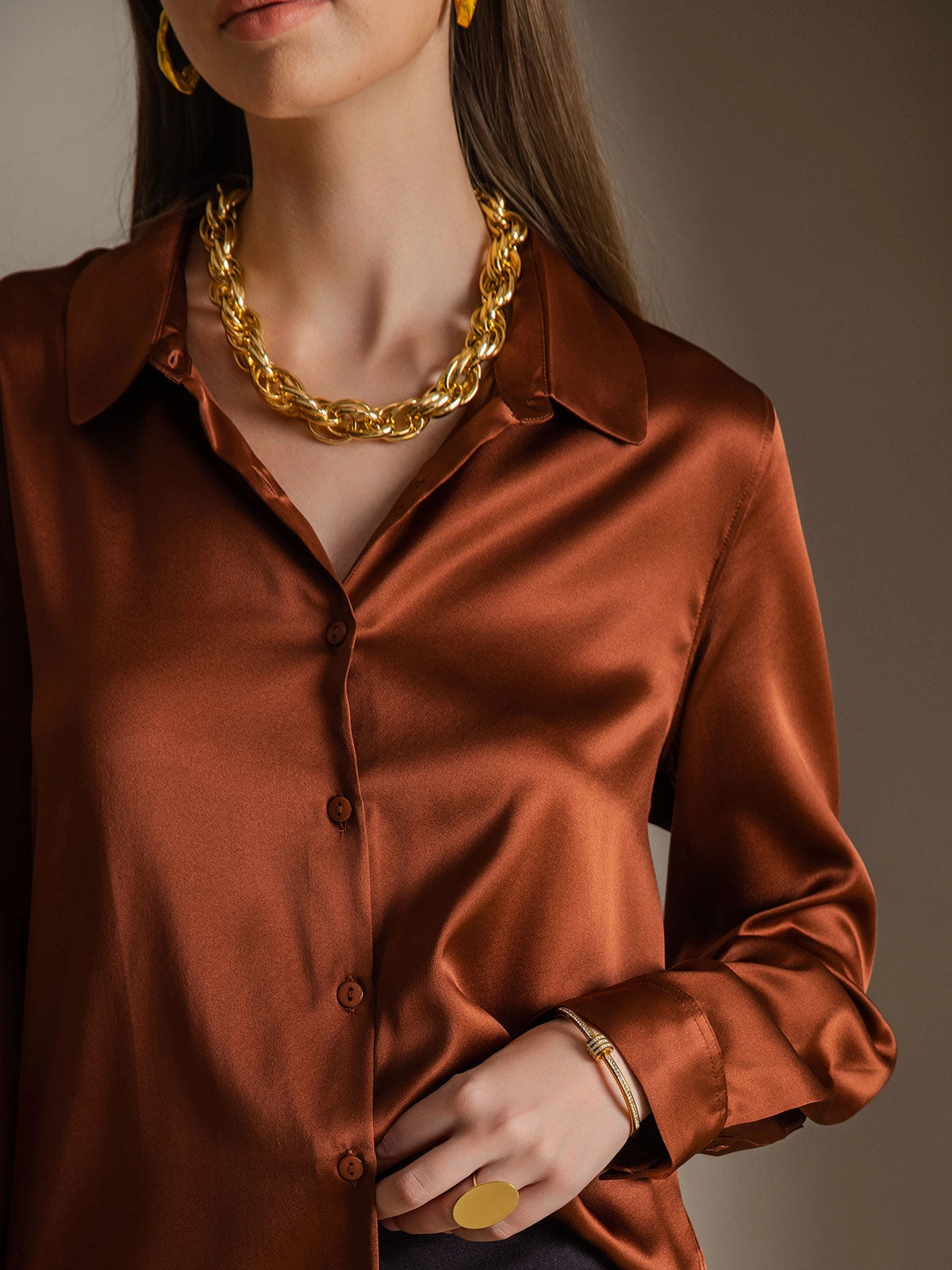 Silk Classic Military-Style Lapel Blouse Shirt