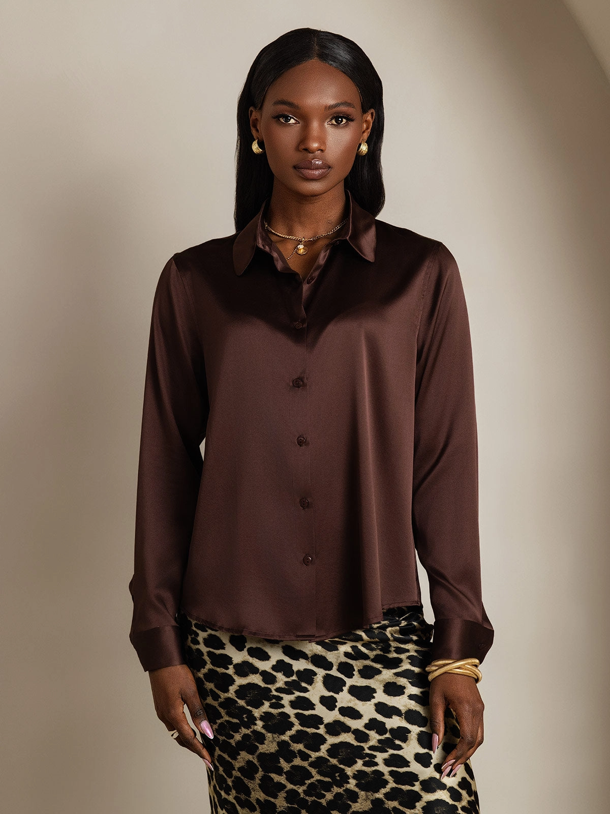 Silk Classic Military-Style Lapel Blouse Shirt