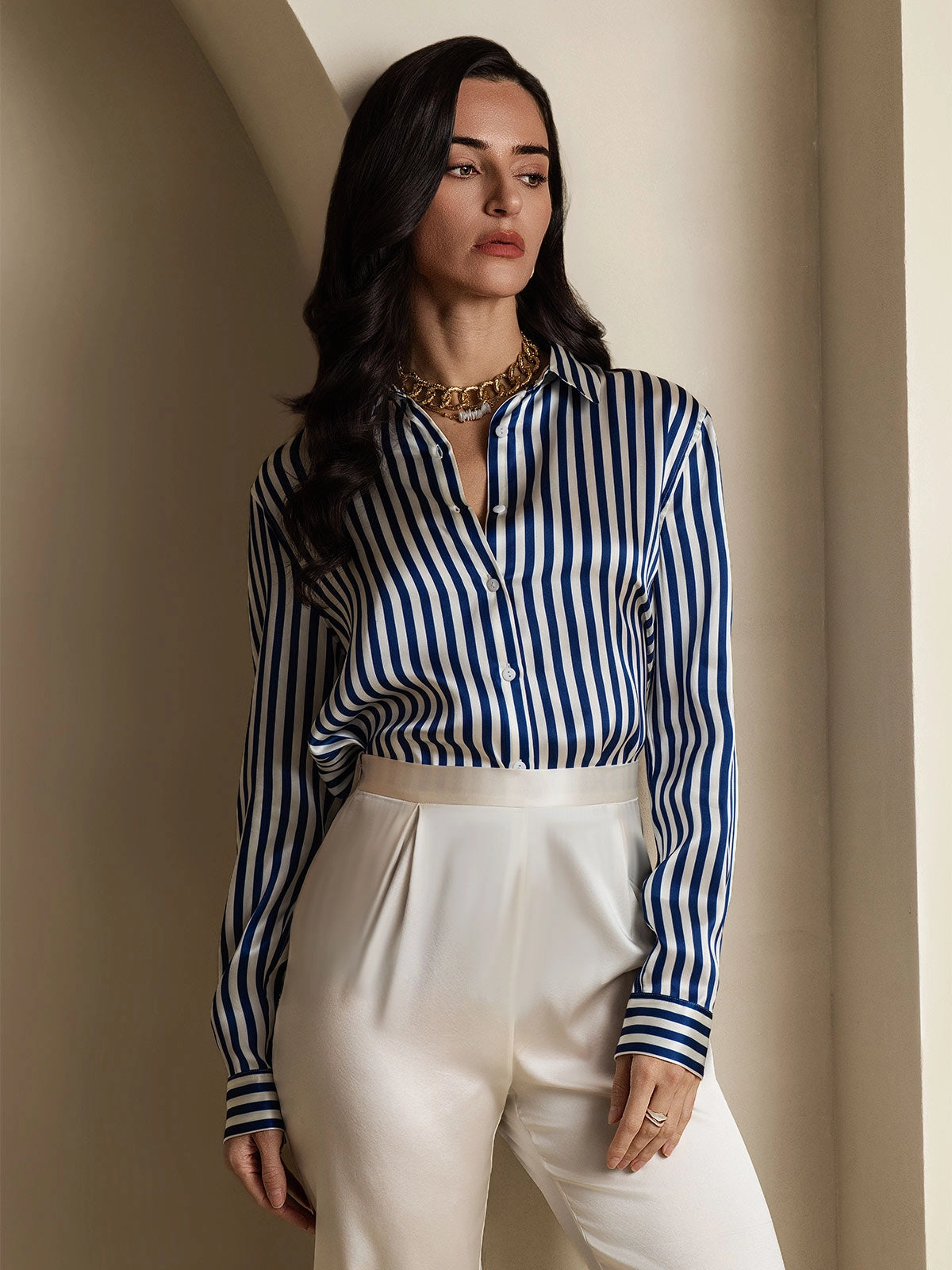 Silk Classic Military-Style Lapel Blouse Shirt