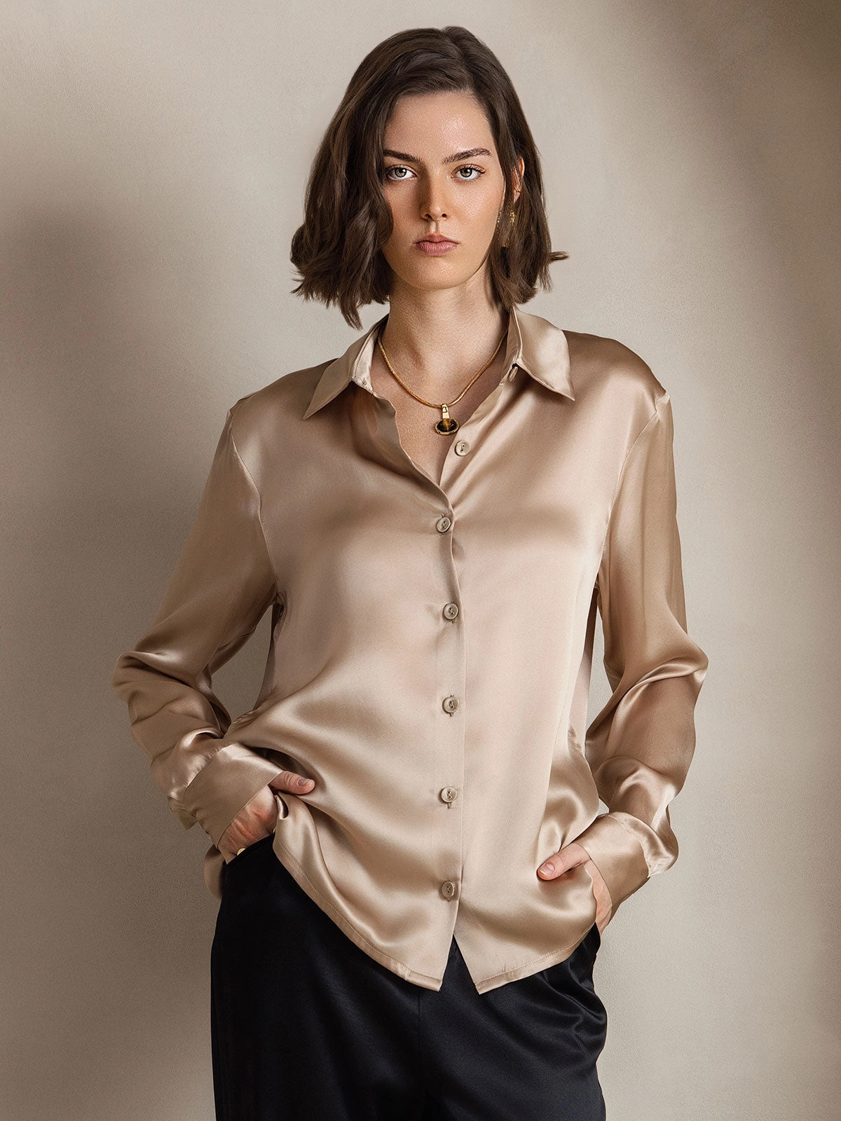 Silk Classic Military-Style Lapel Blouse Shirt