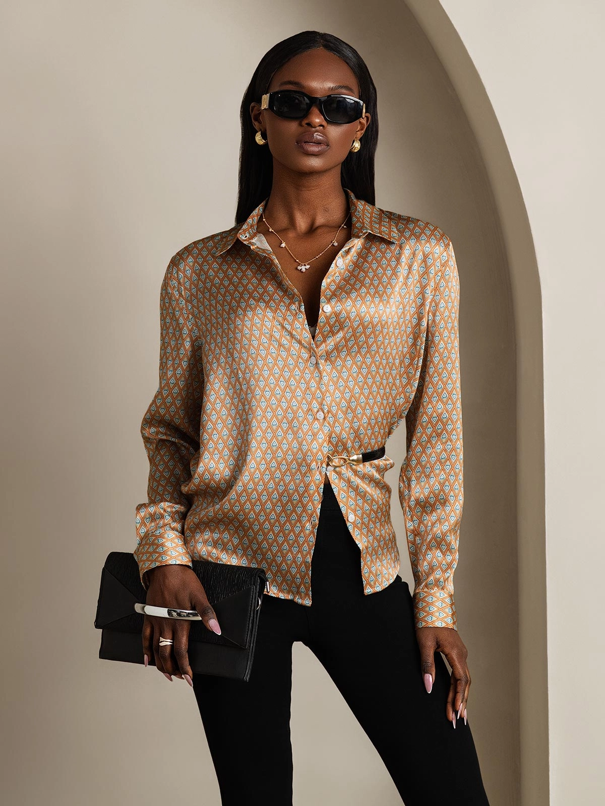 Silk Classic Military-Style Lapel Blouse Shirt