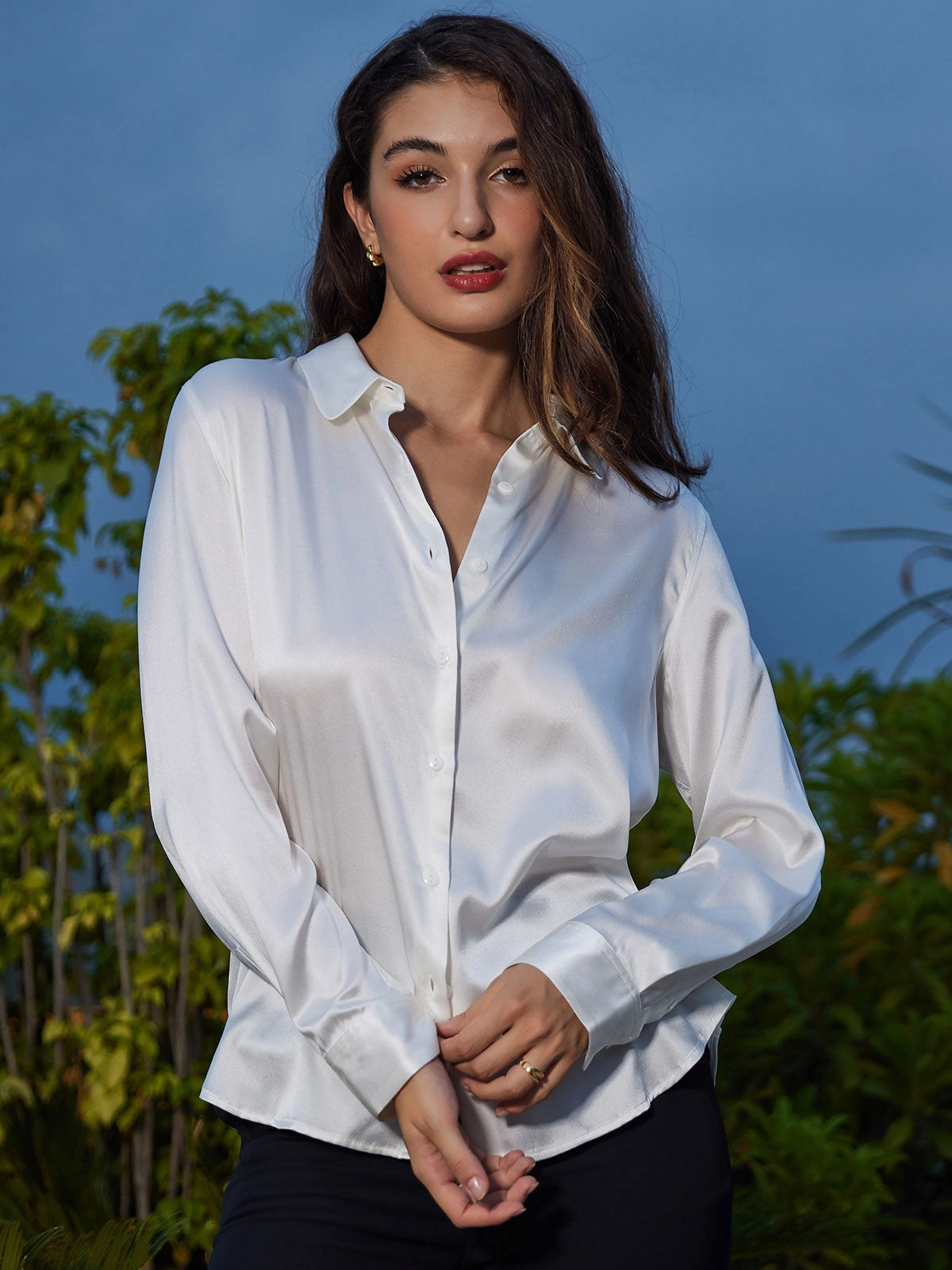 Silk Classic Military-Style Lapel Blouse Shirt