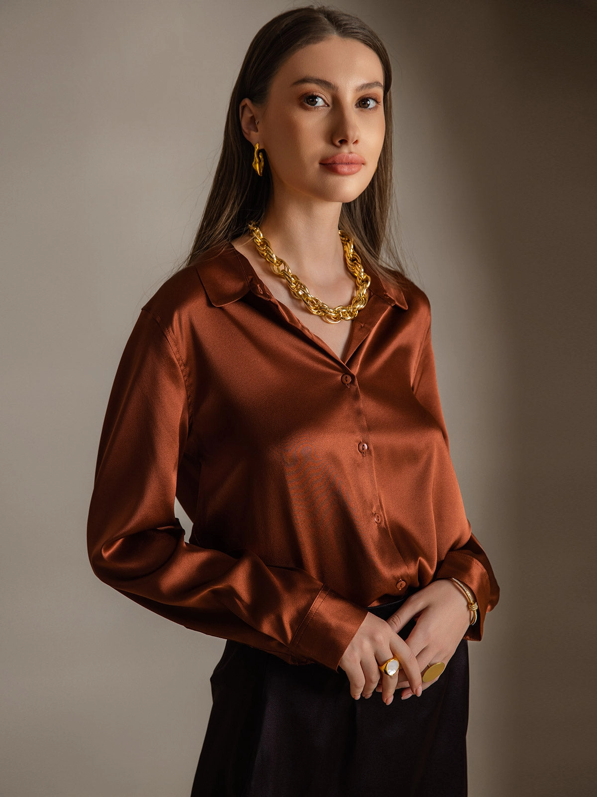 Silk Classic Military-Style Lapel Blouse Shirt