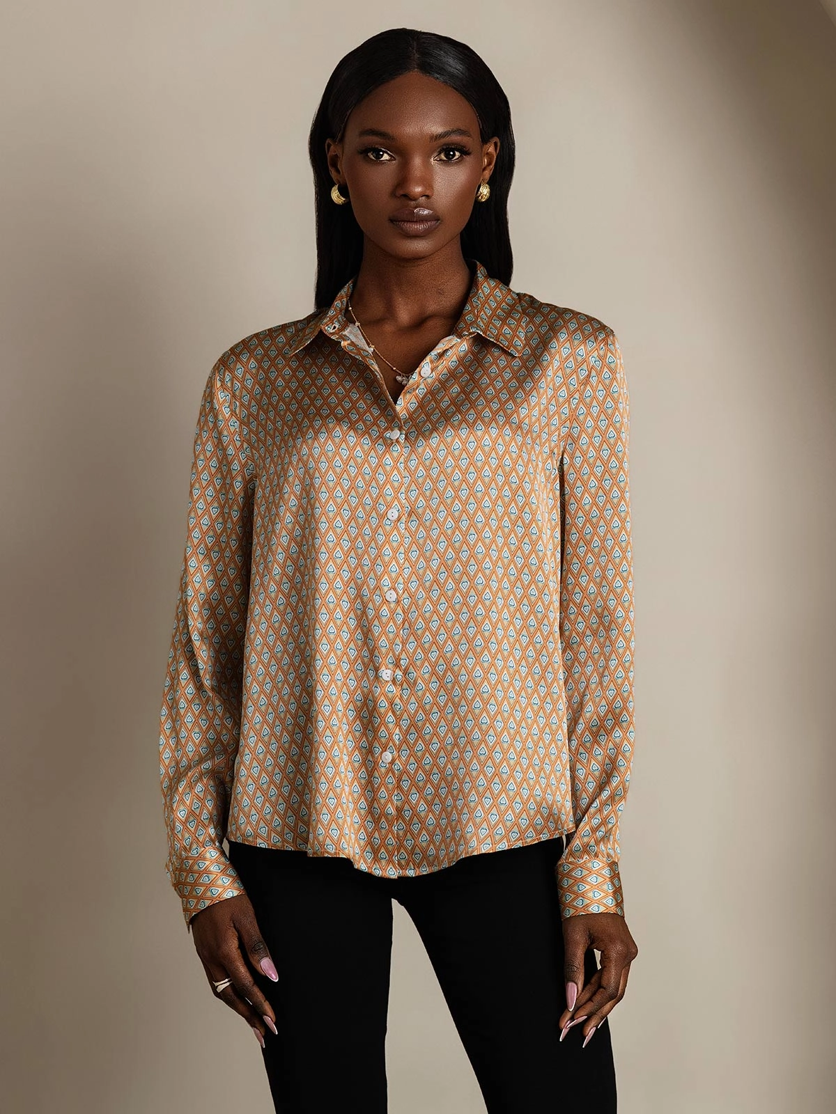 Silk Classic Military-Style Lapel Blouse Shirt