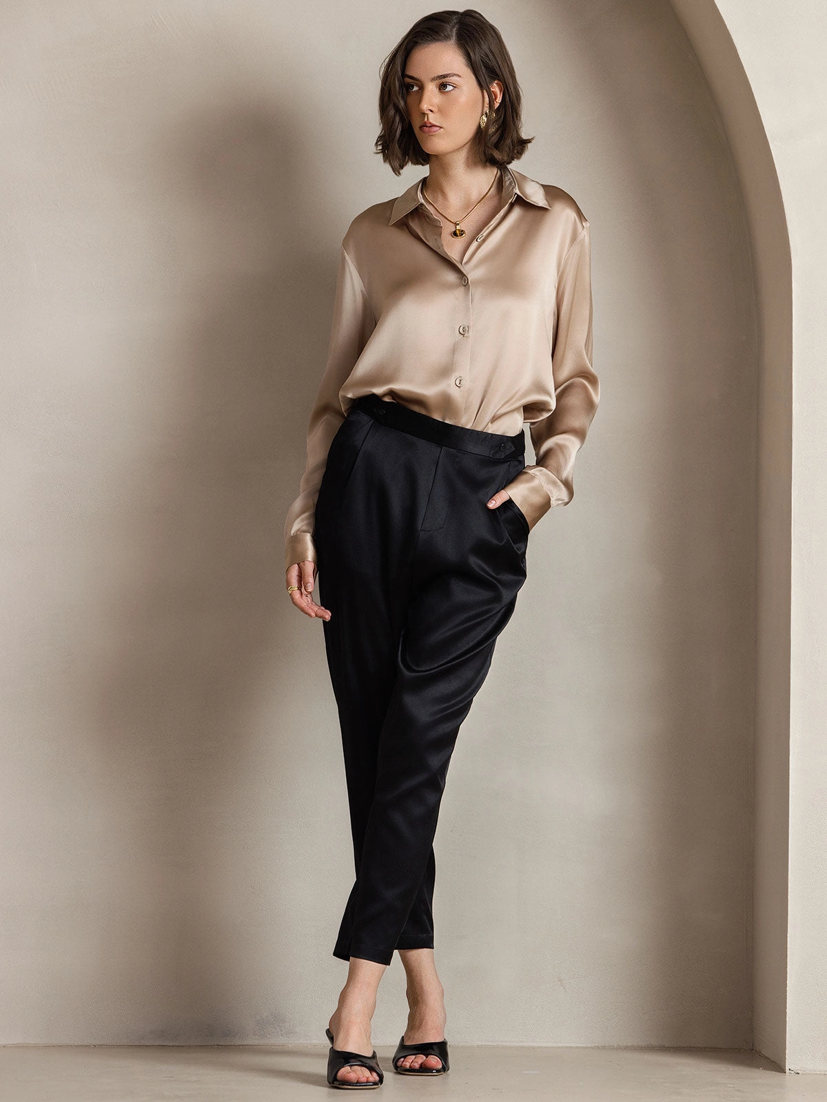 Silk Classic Military-Style Lapel Blouse Shirt