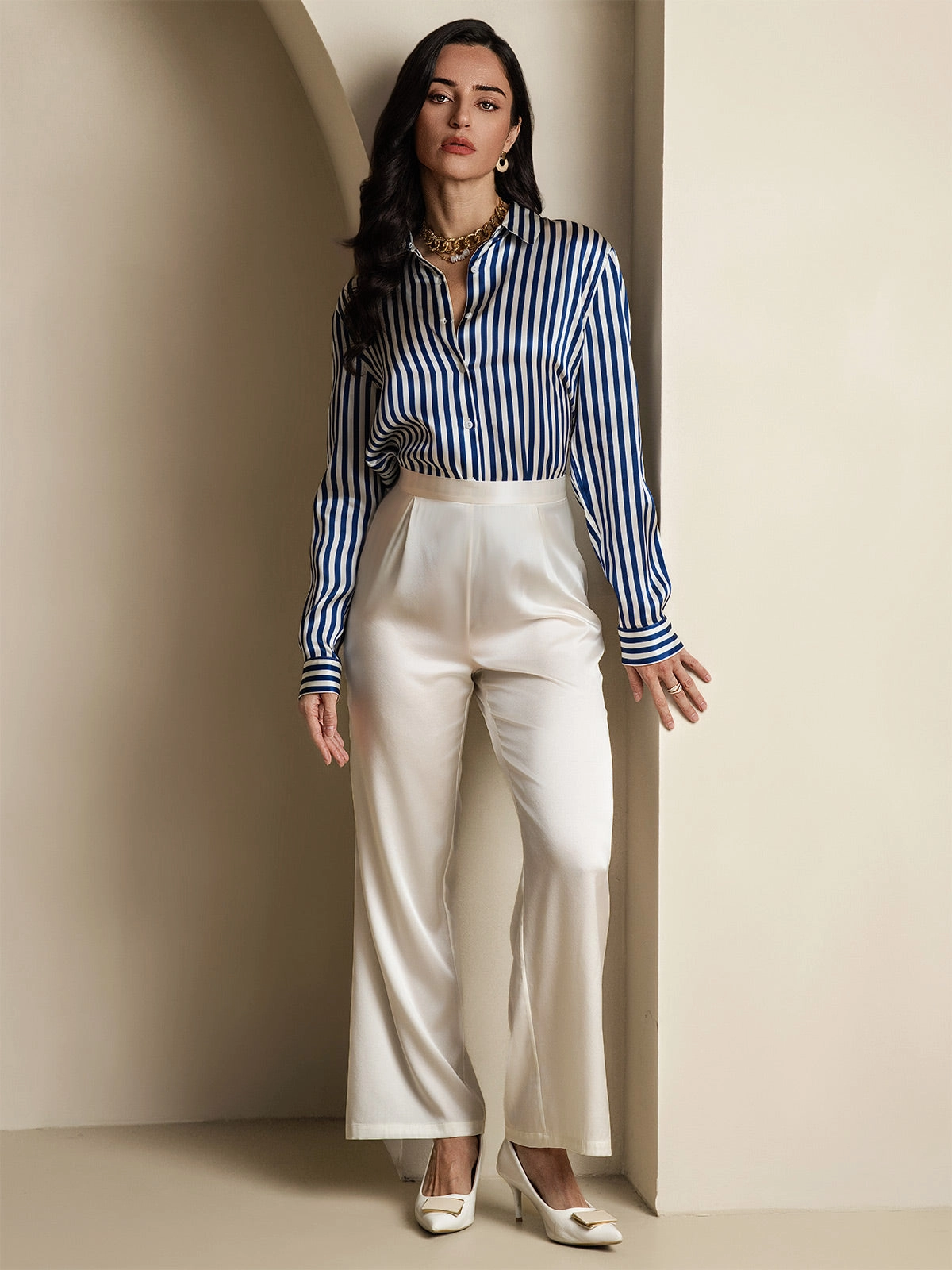 Silk Classic Military-Style Lapel Blouse Shirt