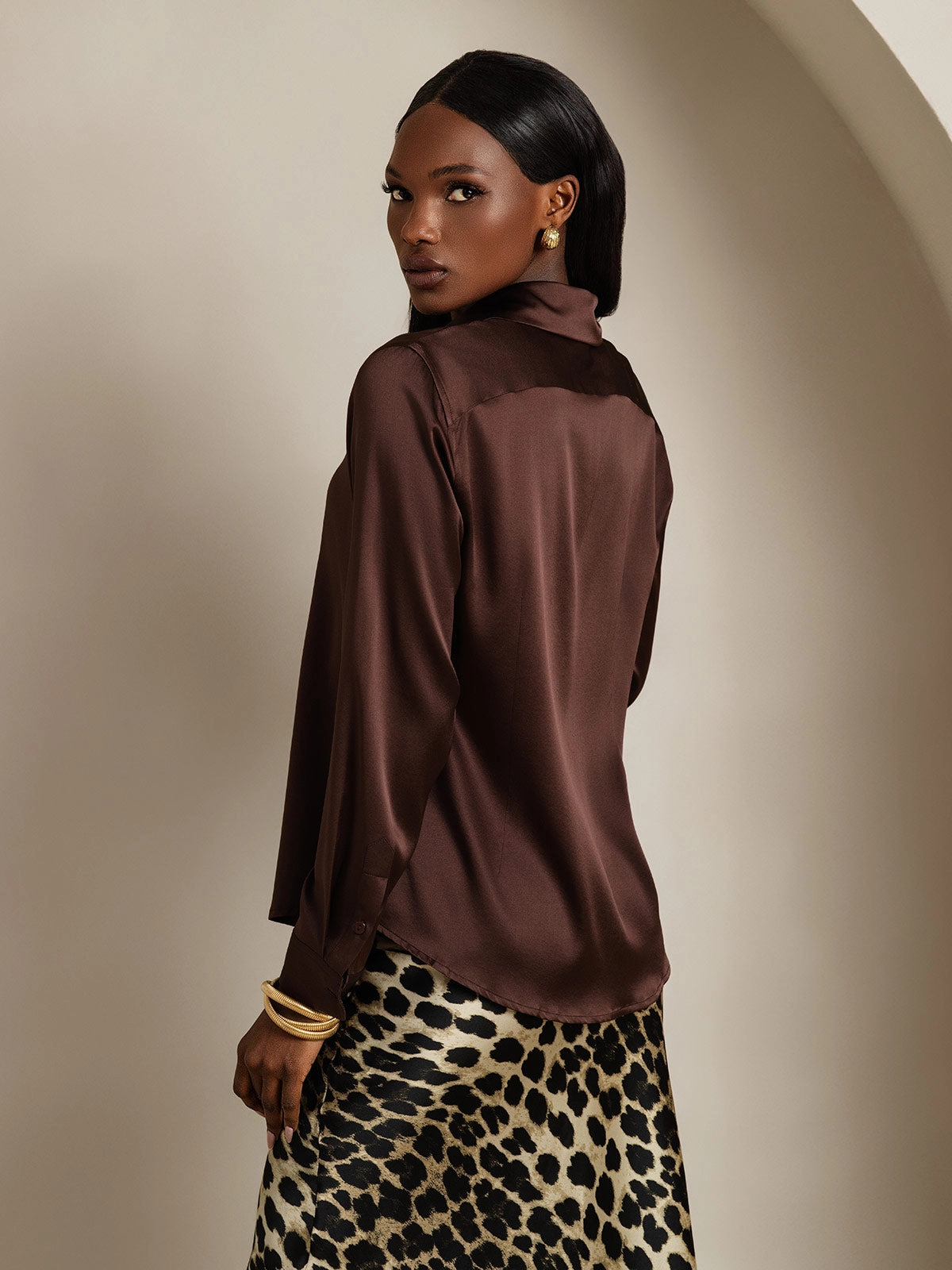Silk Classic Military-Style Lapel Blouse Shirt
