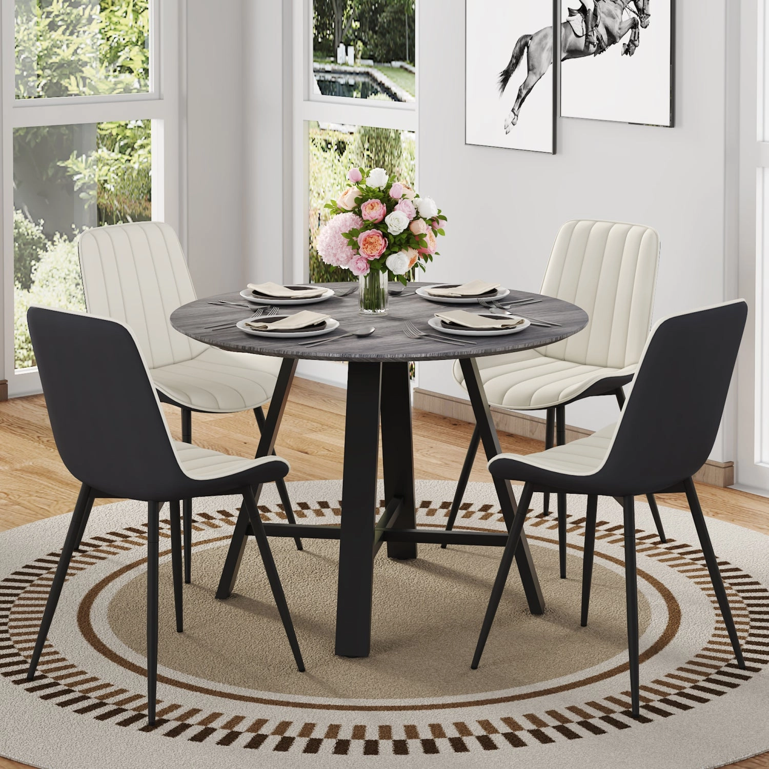 Streamdale 42" Round Dining Set: Gray Wood Table, 4 PU Chairs