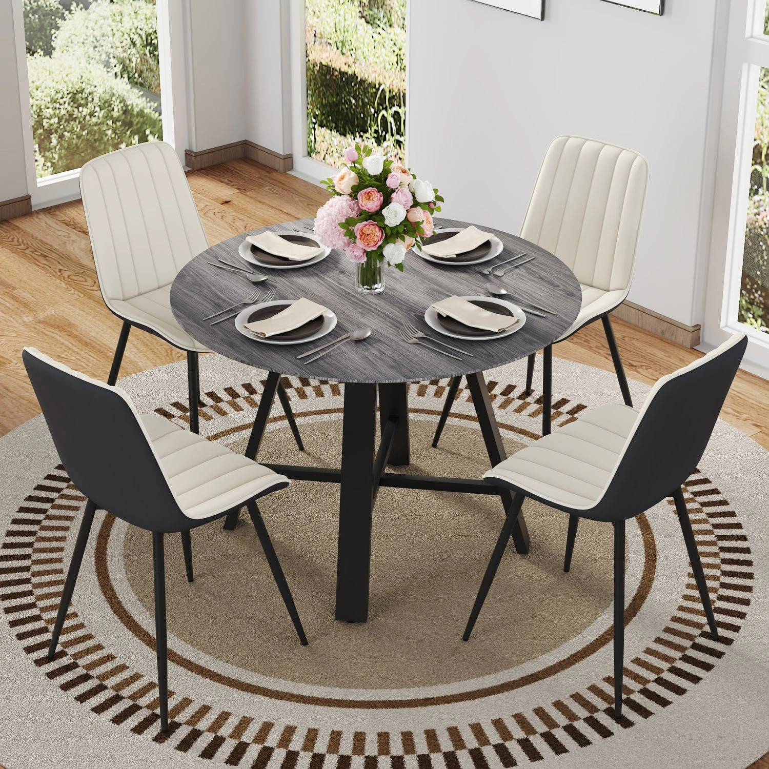 Streamdale 42" Round Dining Set: Gray Wood Table, 4 PU Chairs