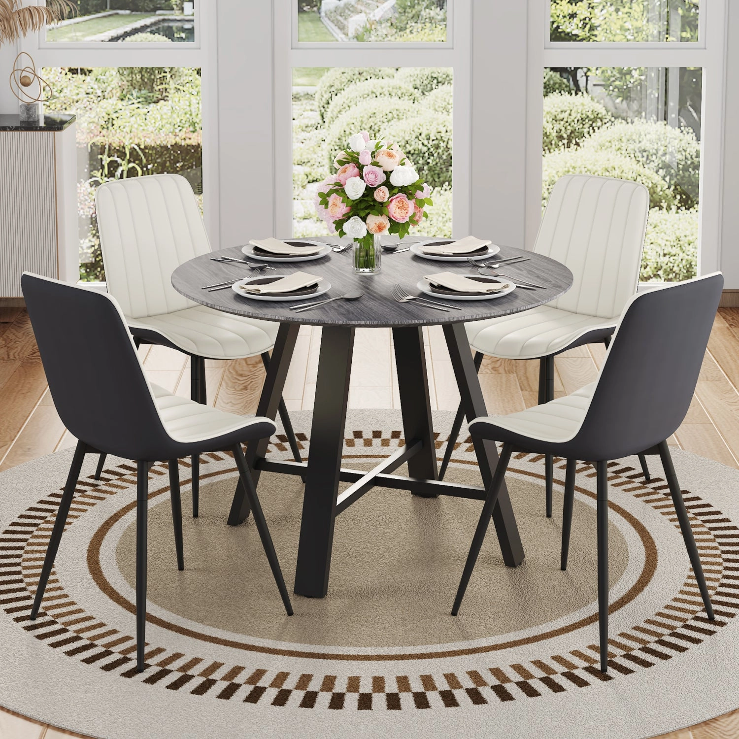 Streamdale 42" Round Dining Set: Gray Wood Table, 4 PU Chairs